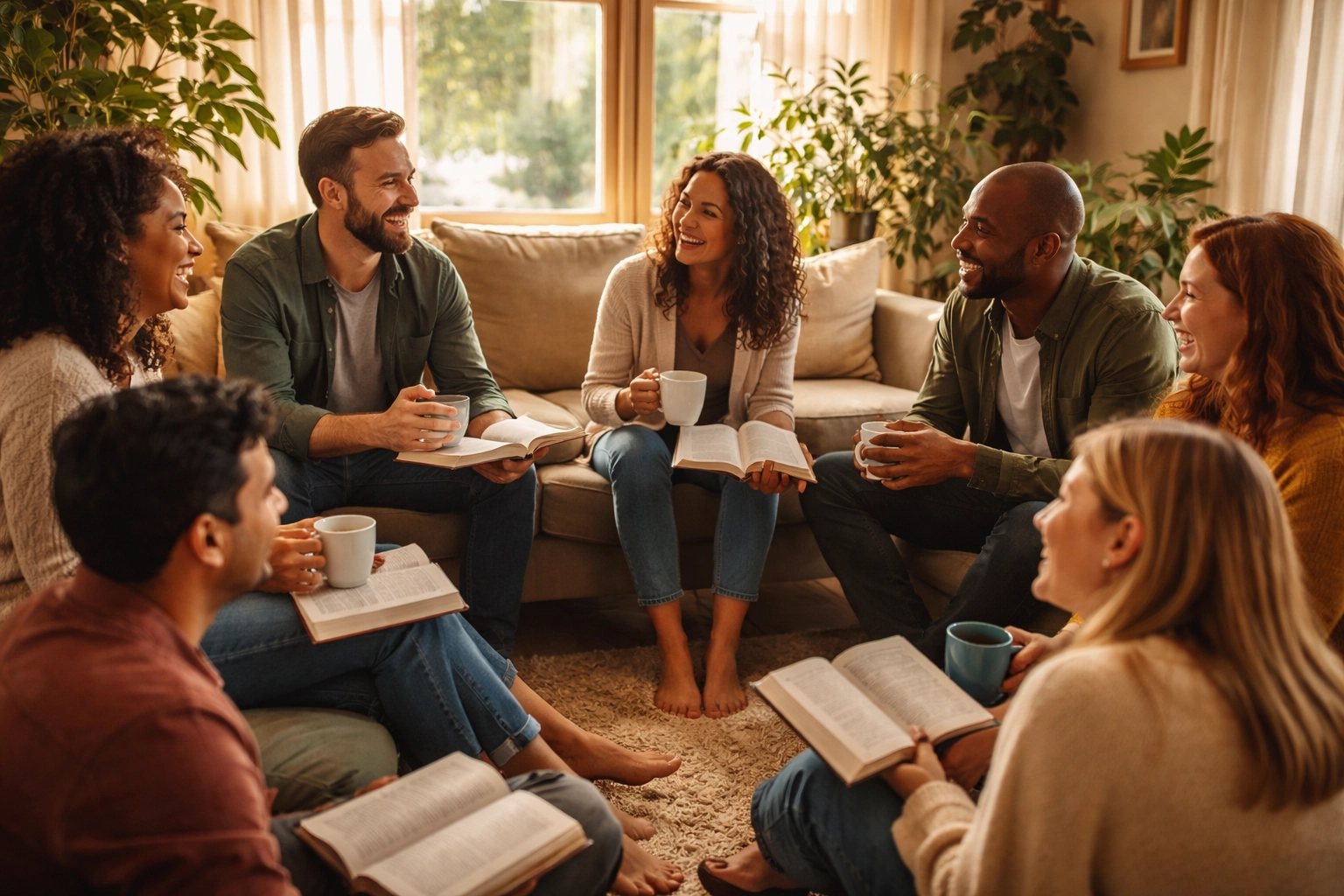 Diverse adults sharing in deep conversation and Bible study during a home church meeting, fostering spiritual community.