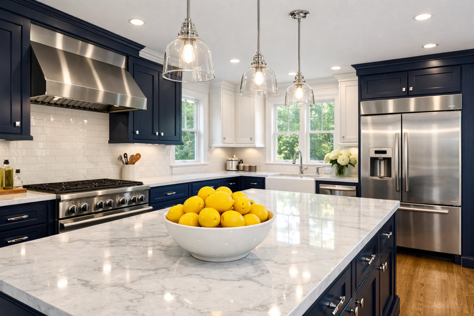 Professional deep cleaning MA for a modern kitchen with navy cabinets and white marble.