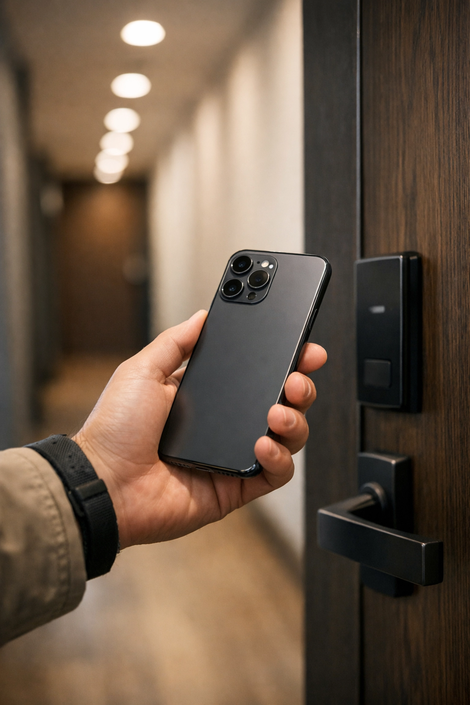 A guest using a mobile digital key on a smartphone to unlock a modern hotel door.