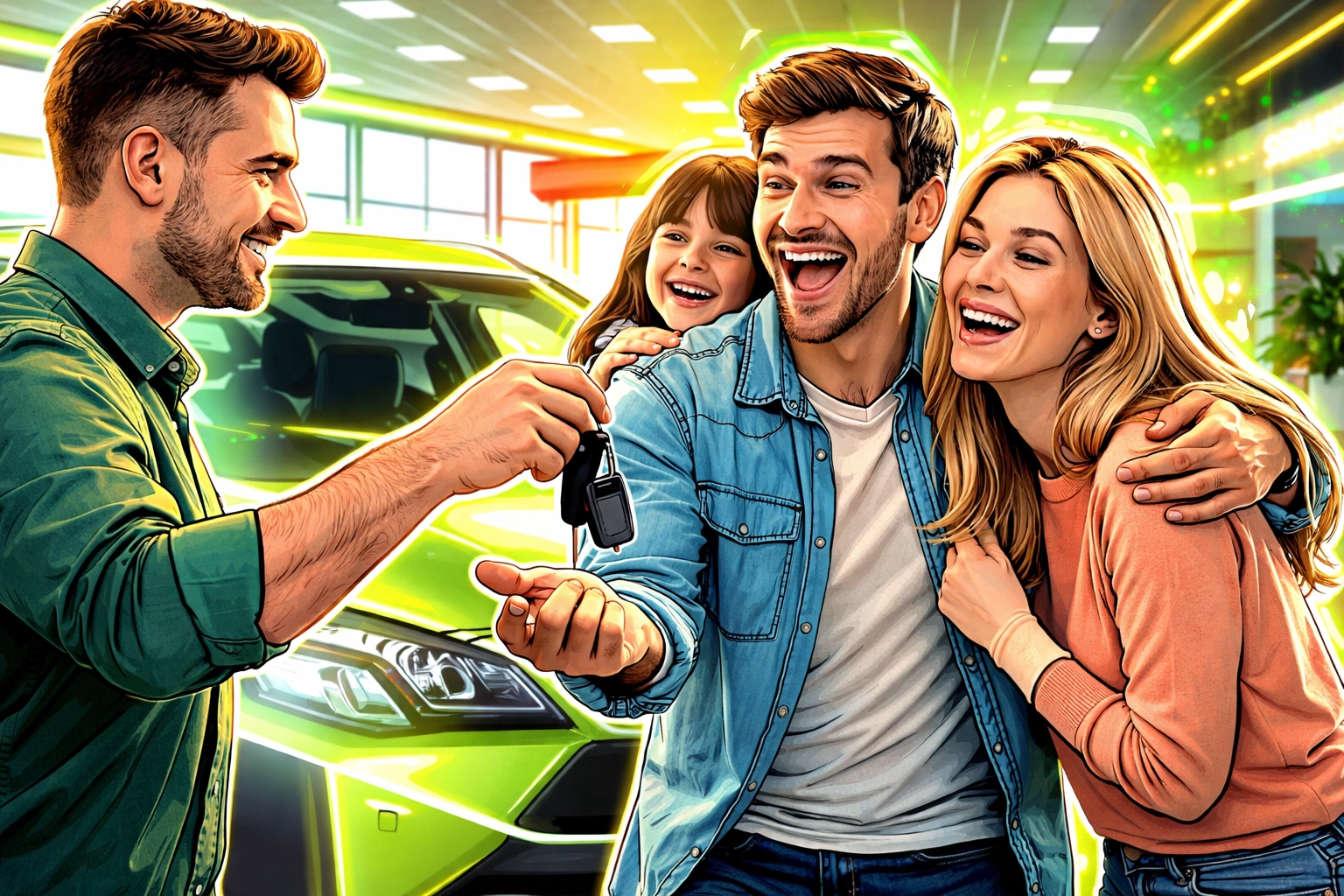 Happy family receiving car keys at Arnold's Grateful Motors highlighting flexible auto financing