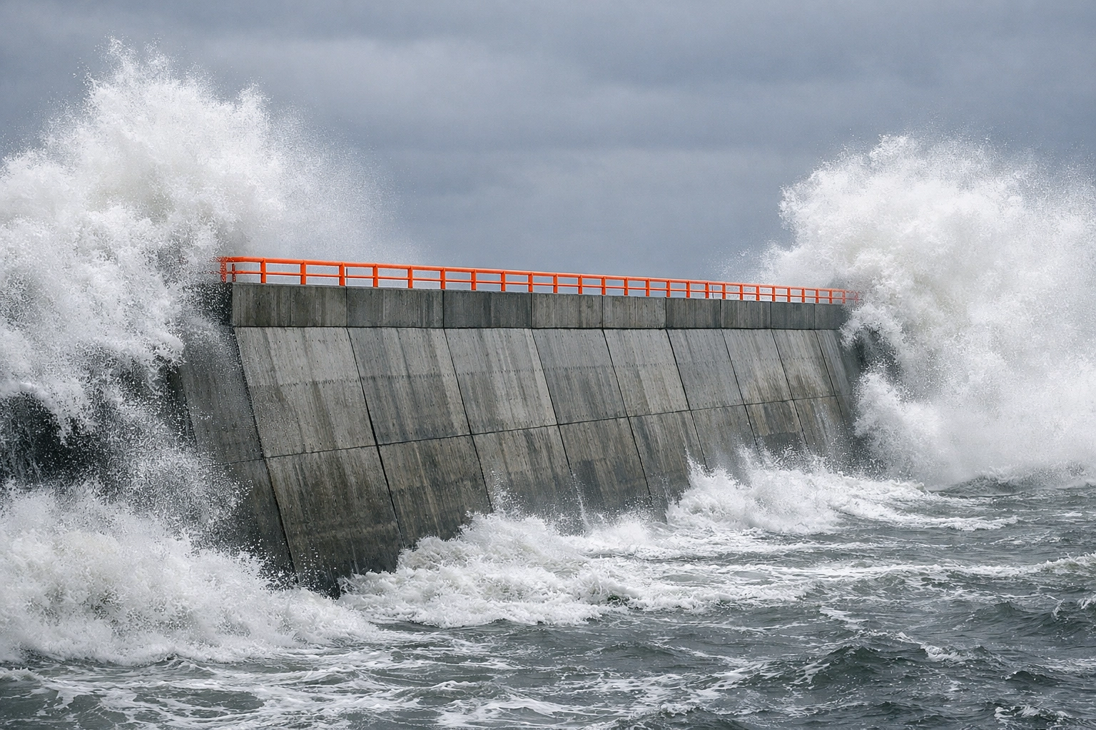 Massive concrete sea wall protecting against waves, symbolizing a living trust shield against the Silver Tsunami.
