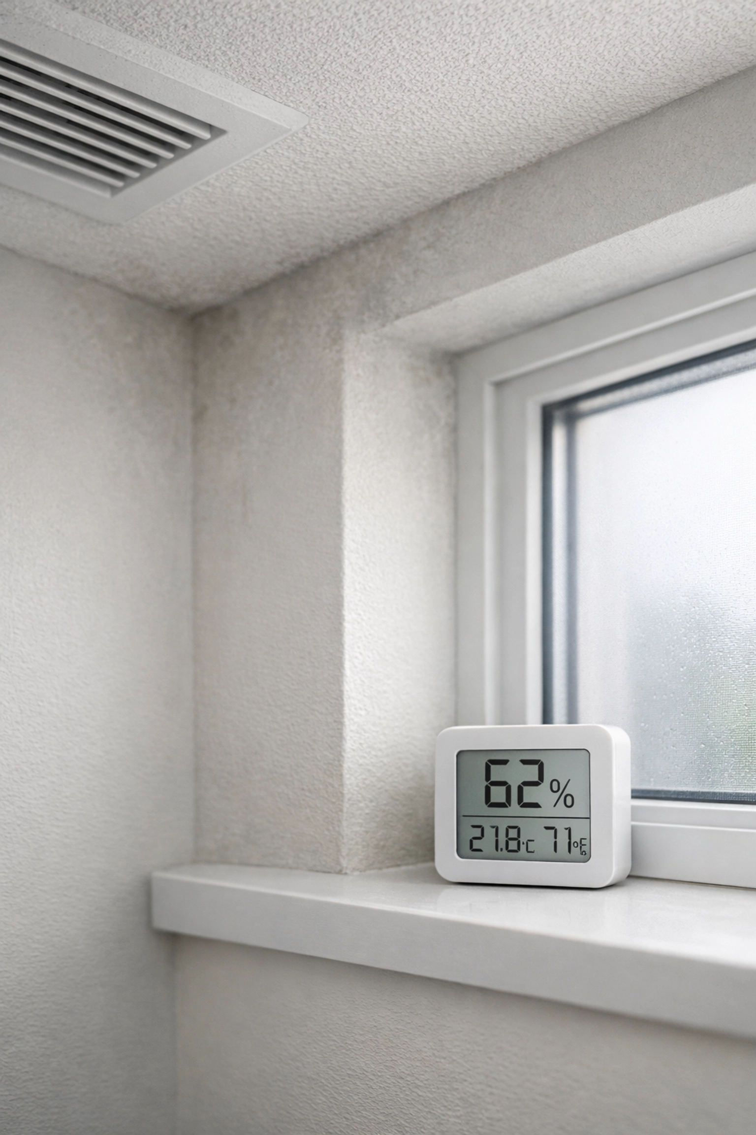 Small hygrometer near an HVAC vent in a clean apartment corner, monitoring indoor humidity (no text overlay)