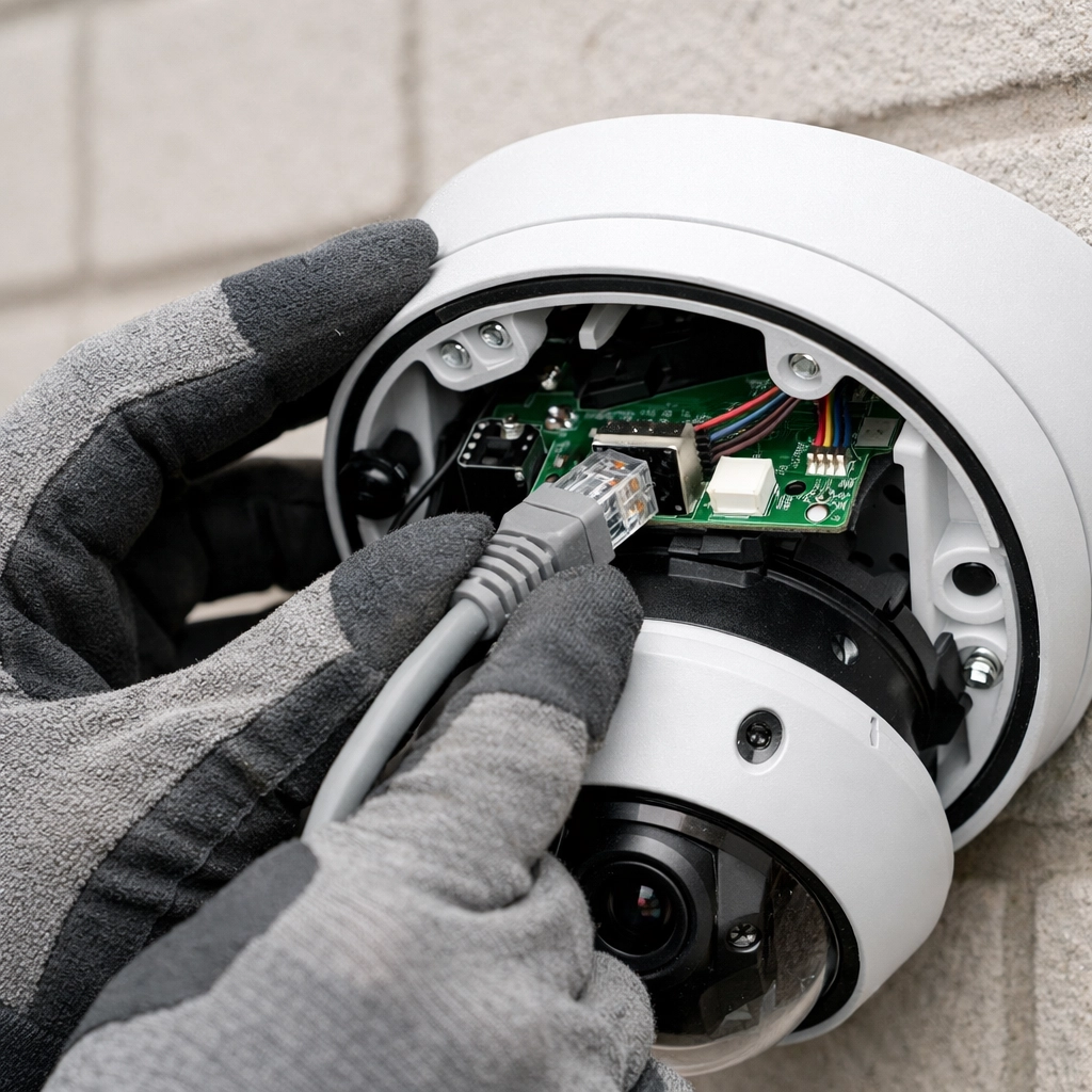 Expert technician installing a professional CCTV camera on a home exterior for advanced security systems.