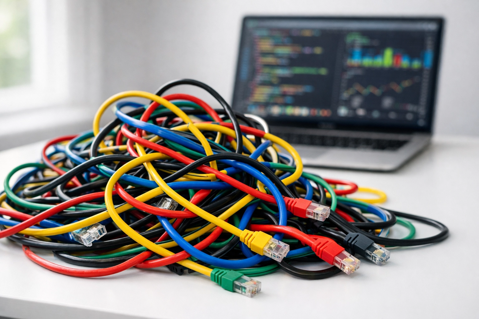 Tangled network cables illustrating technical complexity and extension bloat in Magento stores