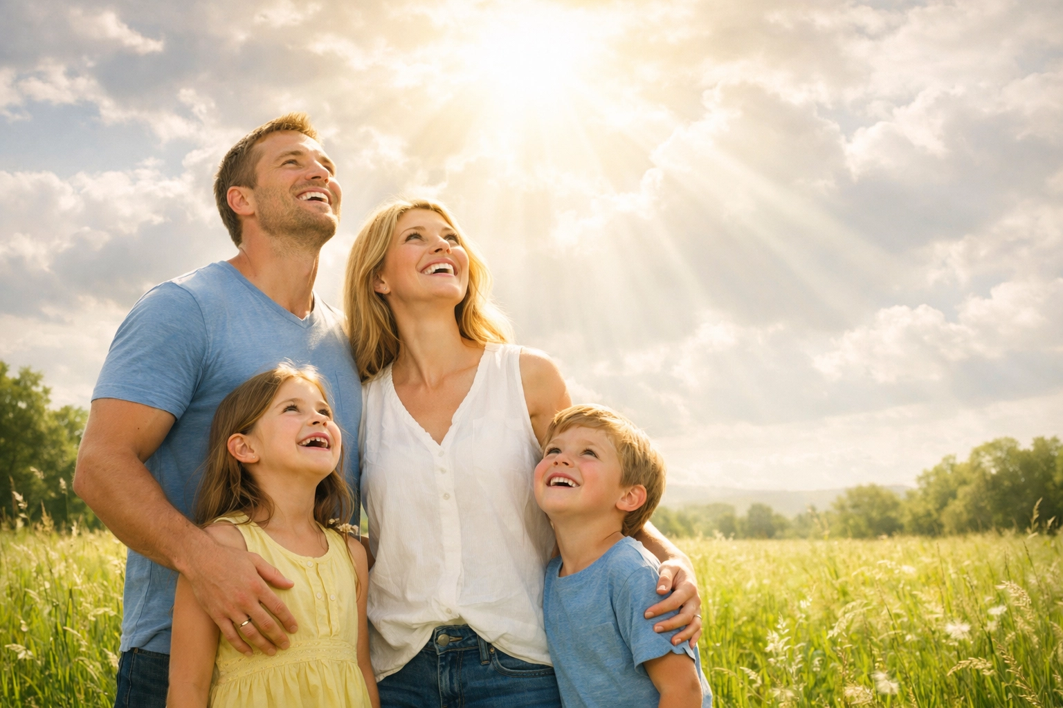 Christian family looking up at heavenly light in a sunlit meadow representing the Rapture.