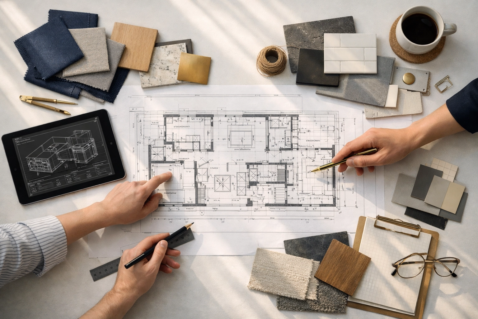 Design coordination meeting with blueprints for early technology integration planning