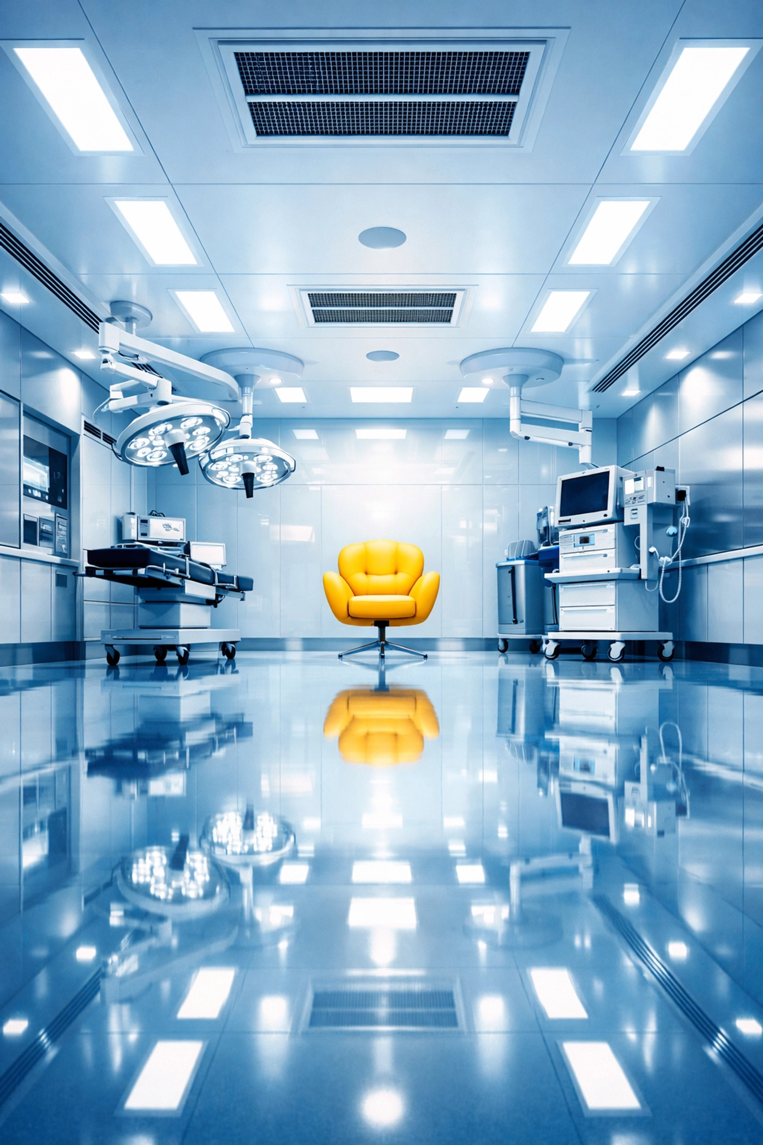 Deeply sanitized clinical suite showcasing terminal cleaning of floors and ceiling vents in a medical office.