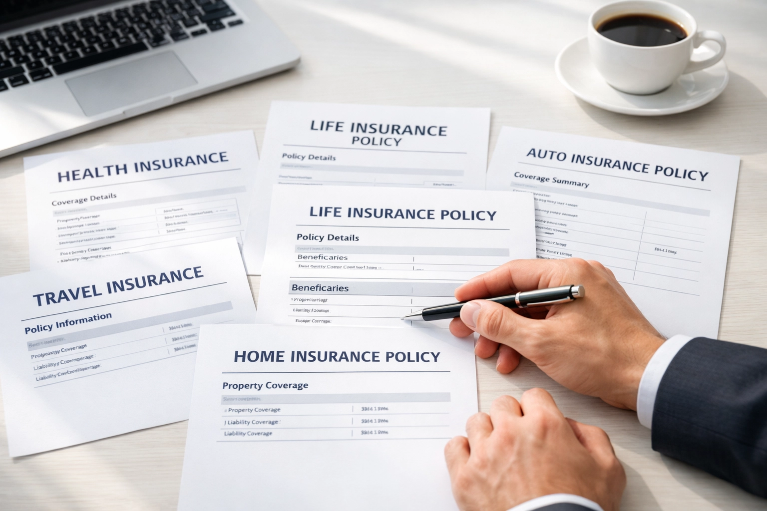 Insurance agent reviewing multiple contractor insurance policies and coverage options