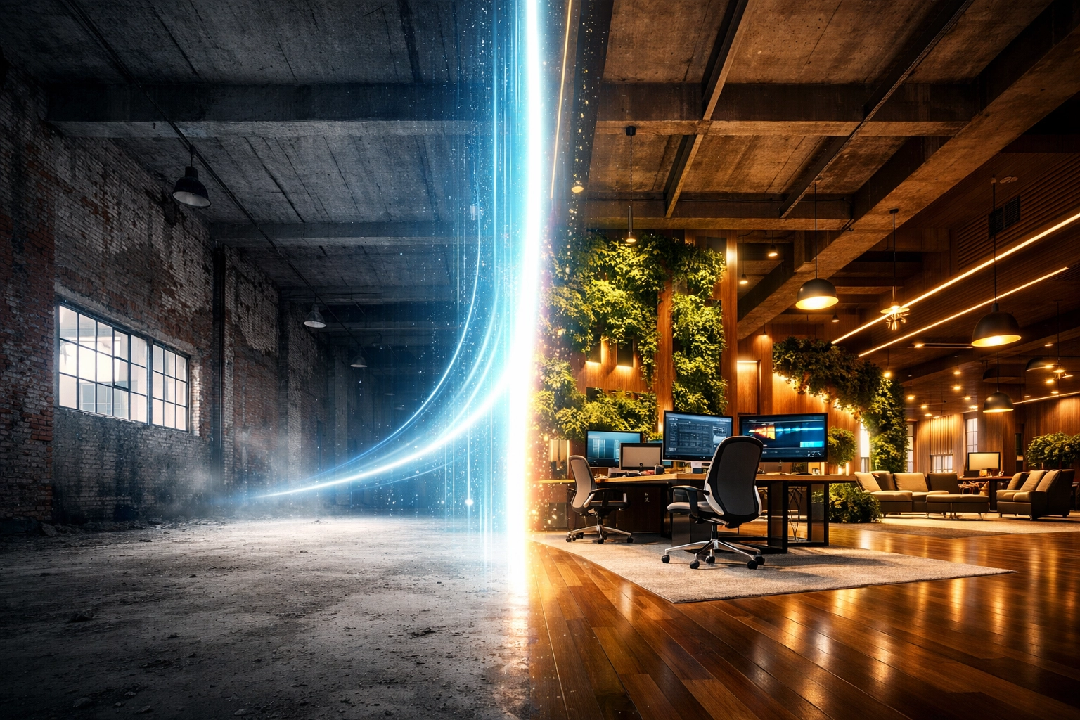 AI virtual staging transforming a raw Toronto warehouse into a modern office for commercial real estate clients.