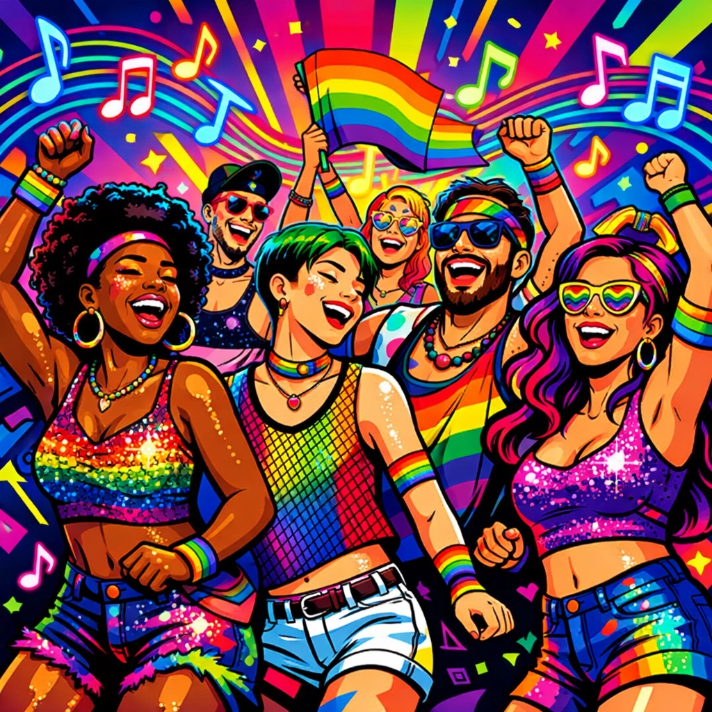 LGBTQ+ community dancing at Pride parade celebrating Europop music and queer joy