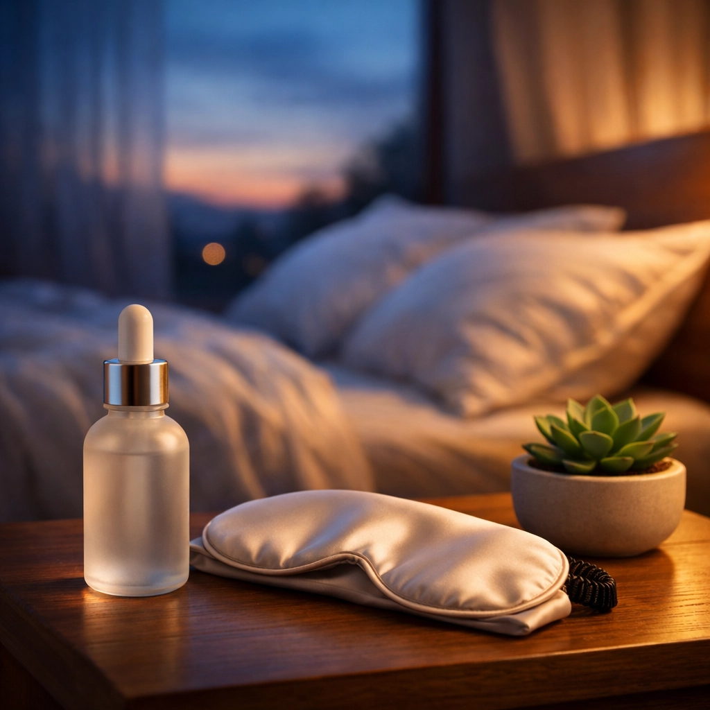 CBD oil for sleep and a sleep mask on a nightstand, representing health-focused SEO content clusters.