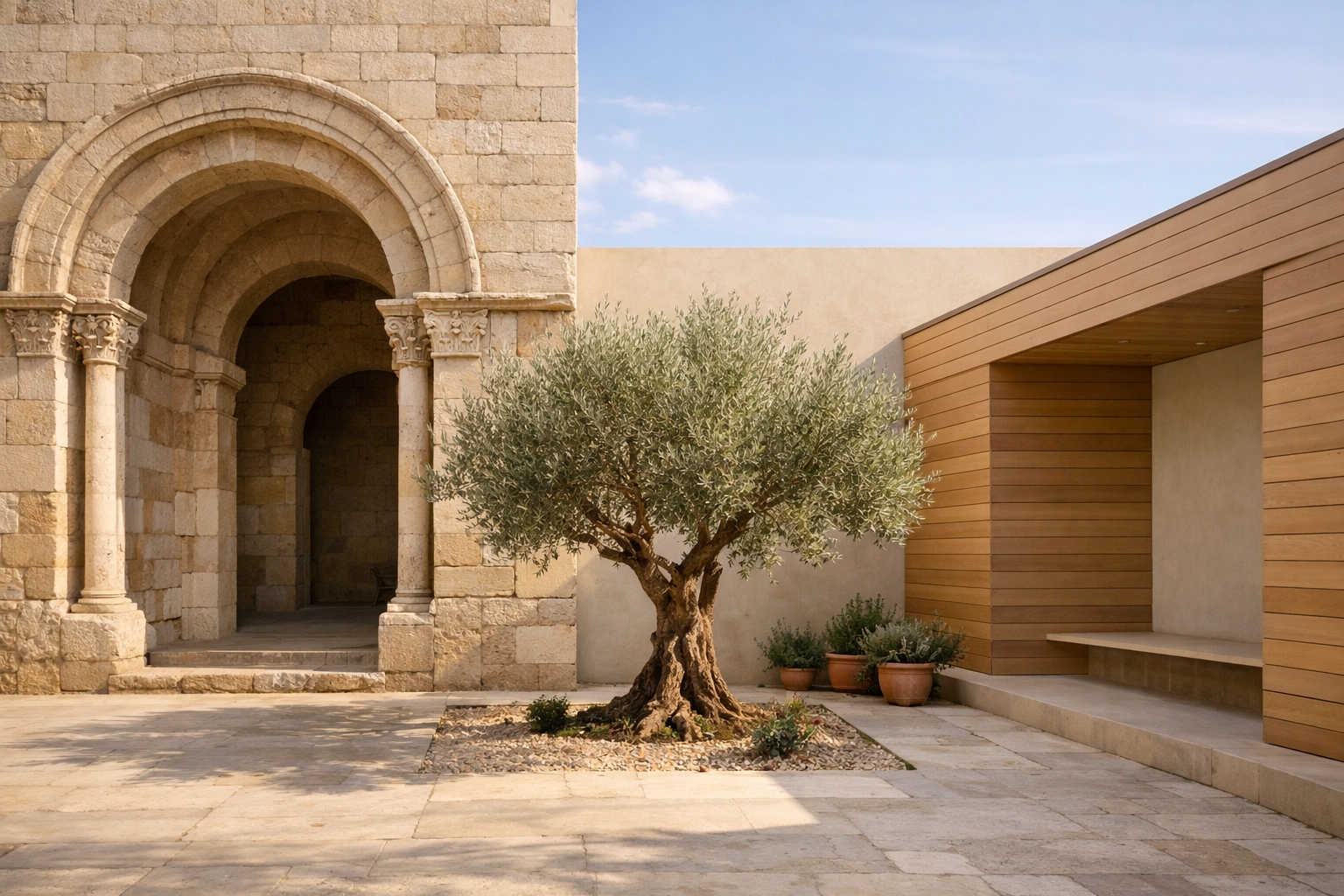A Roman stone archway and modern structure in a quiet courtyard, representing the Vatican-WCC unity dialogues.