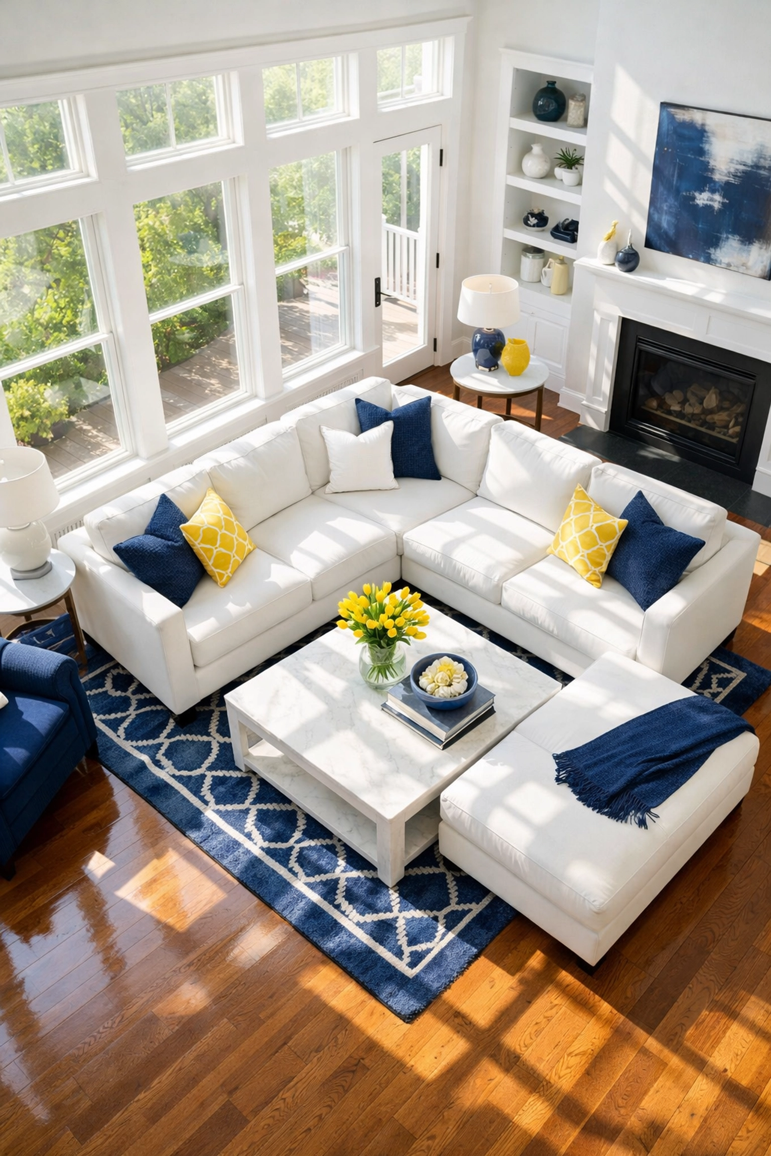 Sun-drenched living room showcasing results of professional post construction cleaning Walpole.