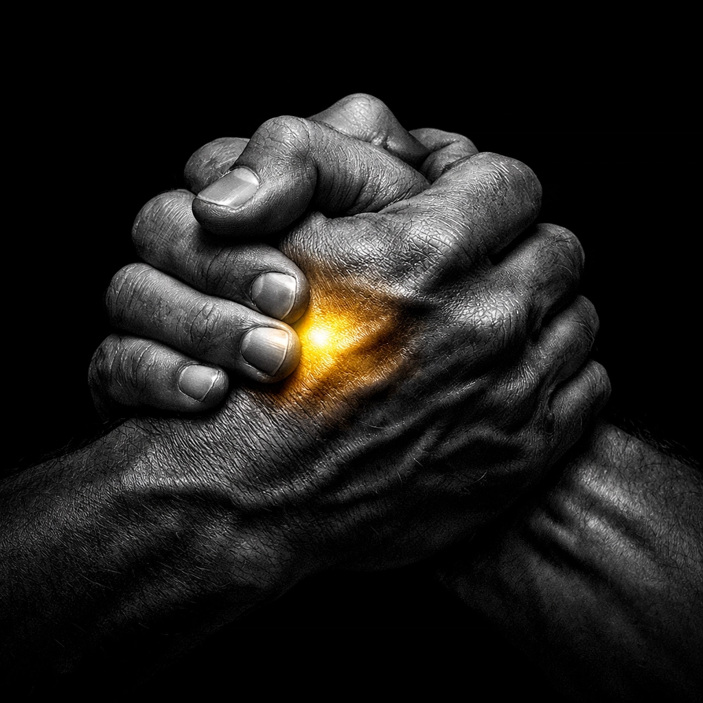 Christian men's hands clasped in covenant friendship symbolizing biblical accountability partnership