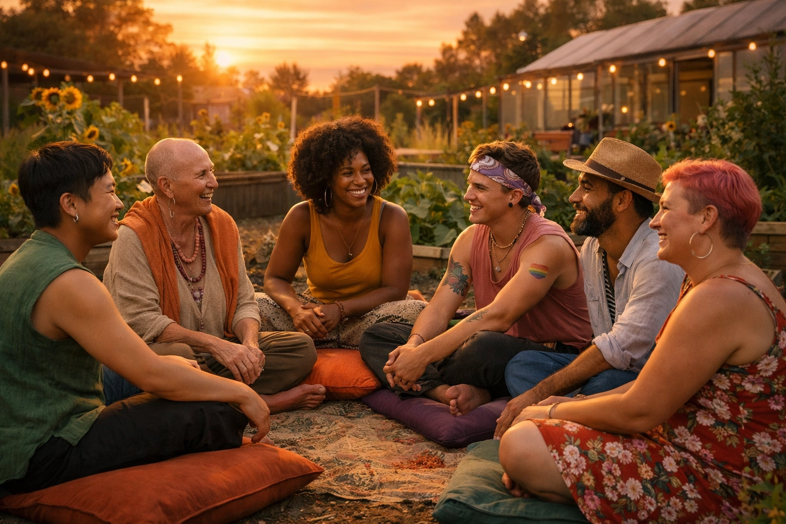 A diverse LGBTQ+ group gathering for community-led queer spirituality in a sun-drenched garden.