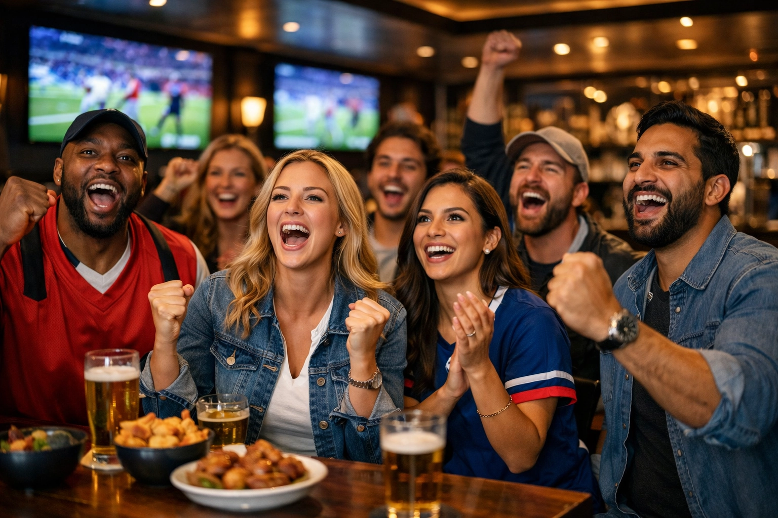 Enthusiastic sports fans watching a game on large digital screens in a modern sports bar.