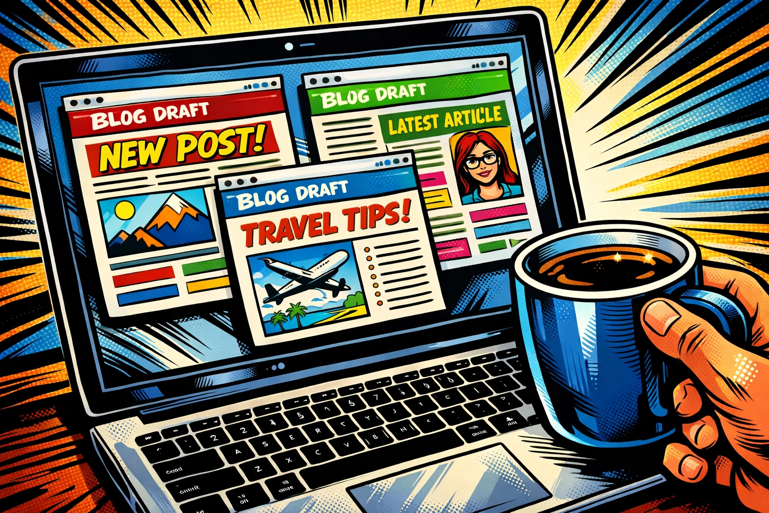 AI assistant creating multiple blog posts quickly on laptop screen with automation tools