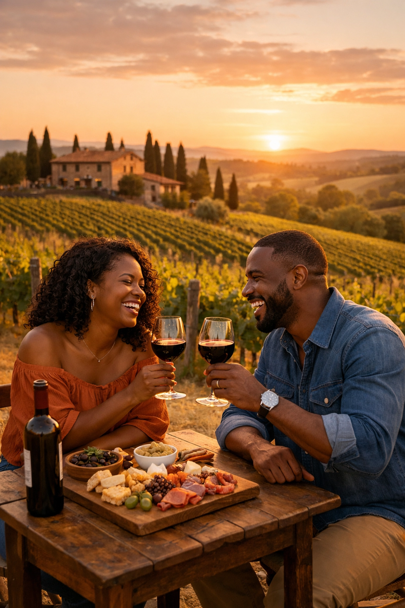 Couple enjoying wine tasting at Tuscan vineyard during Italy bucket list trip
