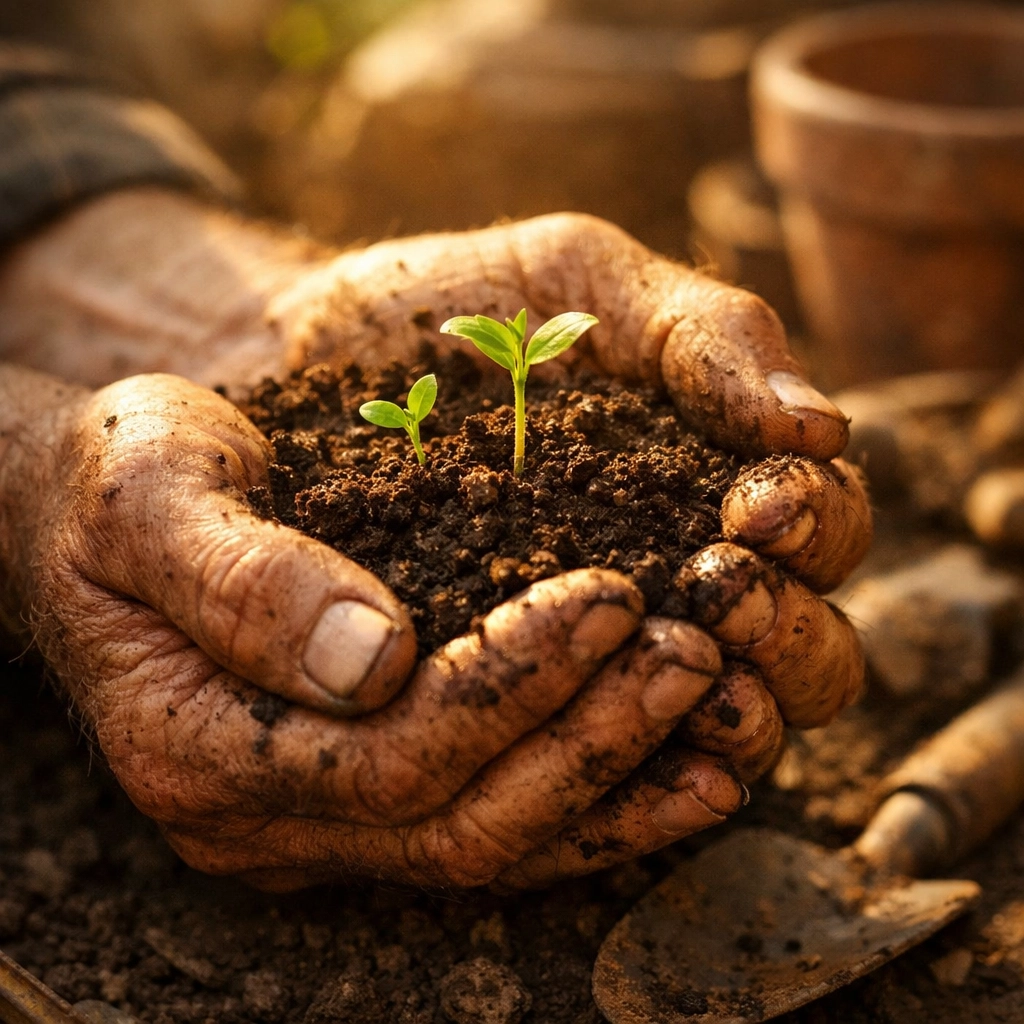 Gardener's hands cupping soil with seedlings demonstrating outdoor hand work