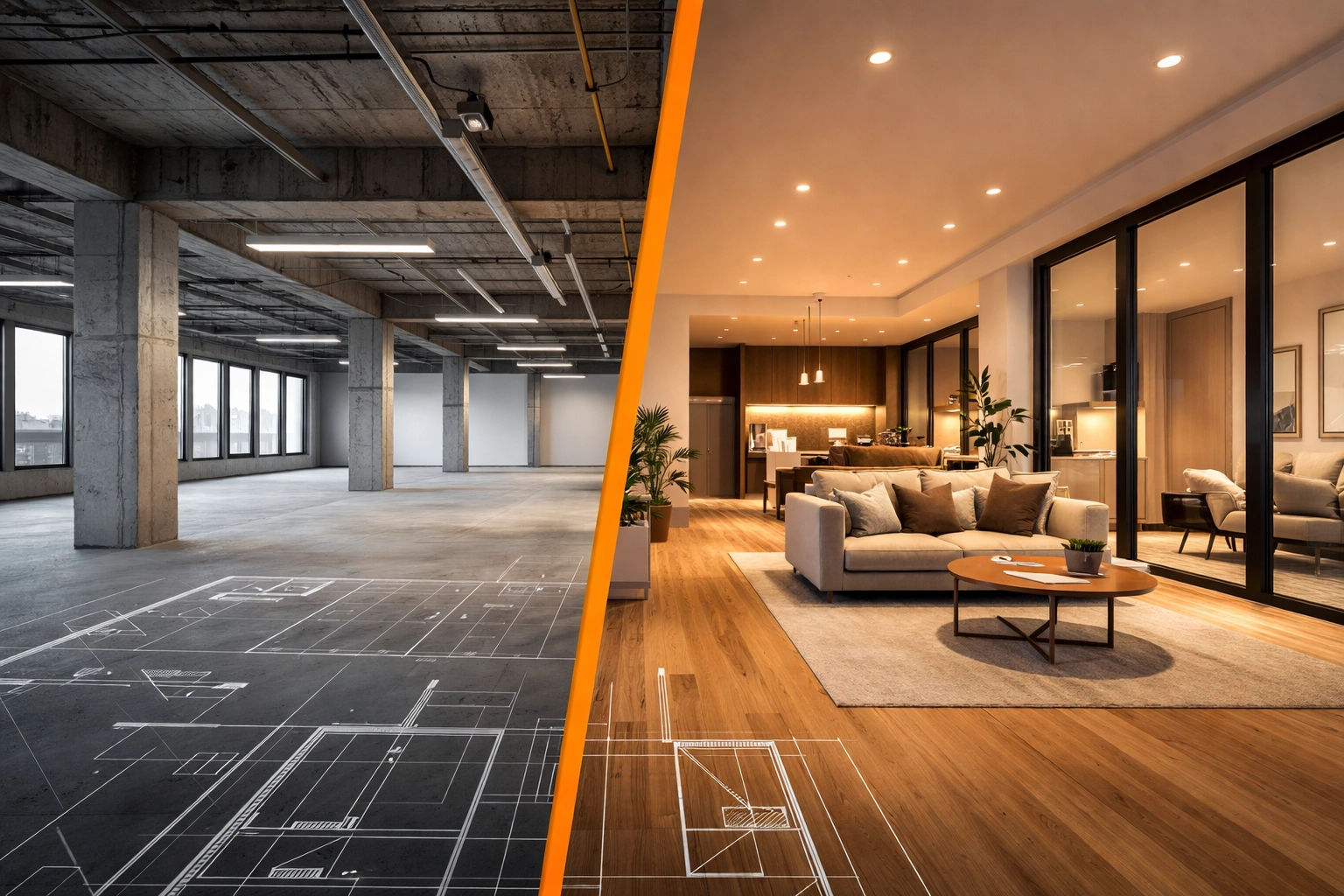 Split image showing transformation from empty office space to modern residential units, illustrating office-to-residential conversion potential.