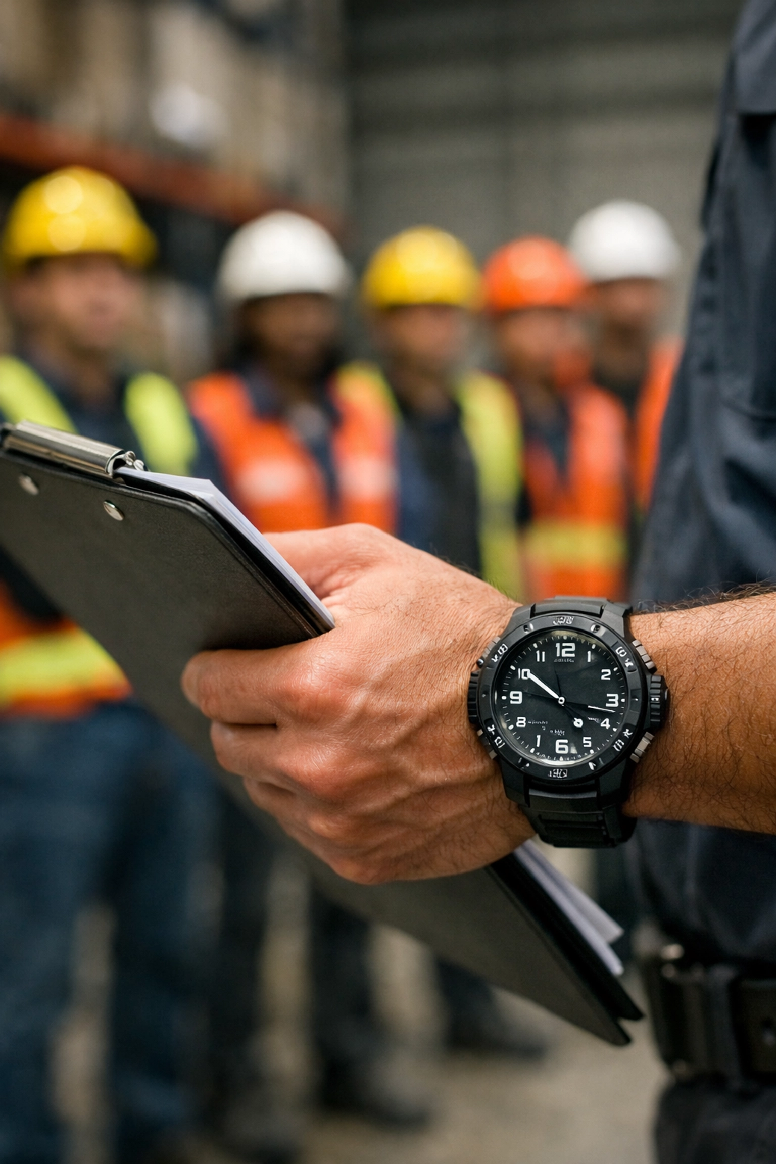Warehouse supervisor timing a safety stand-up meeting to maintain operational standards at Lanta LLC.