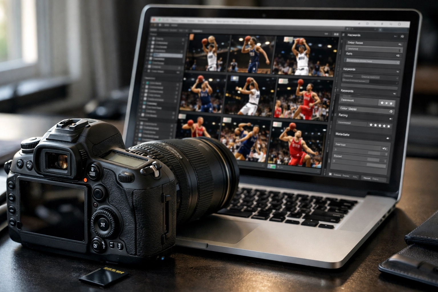 Professional sports photographer organizing action photos with metadata tagging on laptop workspace