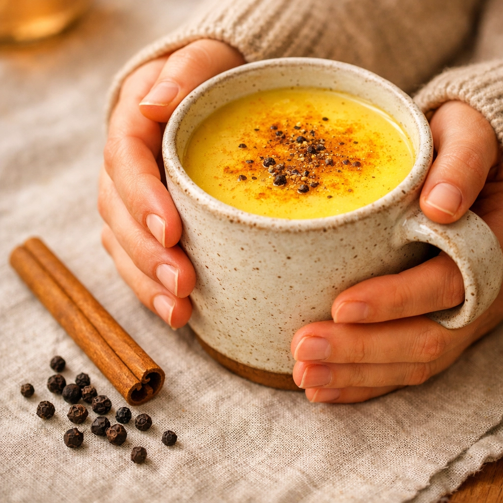 A warm mug of healthy golden milk latte made with Alleppey turmeric and black pepper.