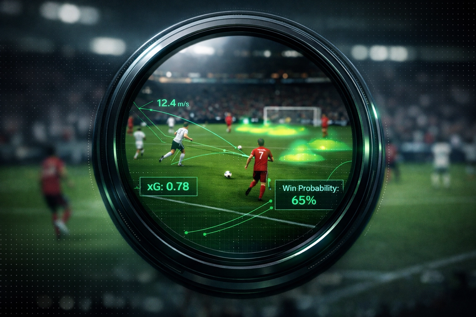 Analytical lens showing live football performance metrics and win probability for in-play betting.