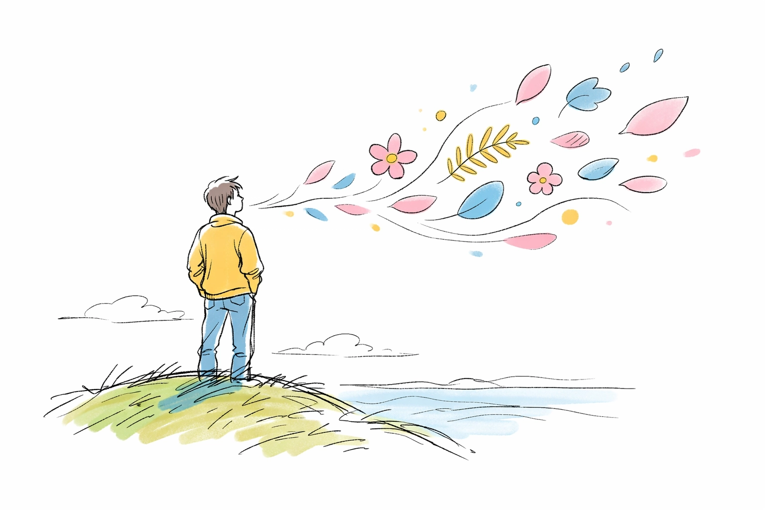 Drawing of a person releasing tension and anxiety on a hilltop, representing self-compassion and mental wellness.