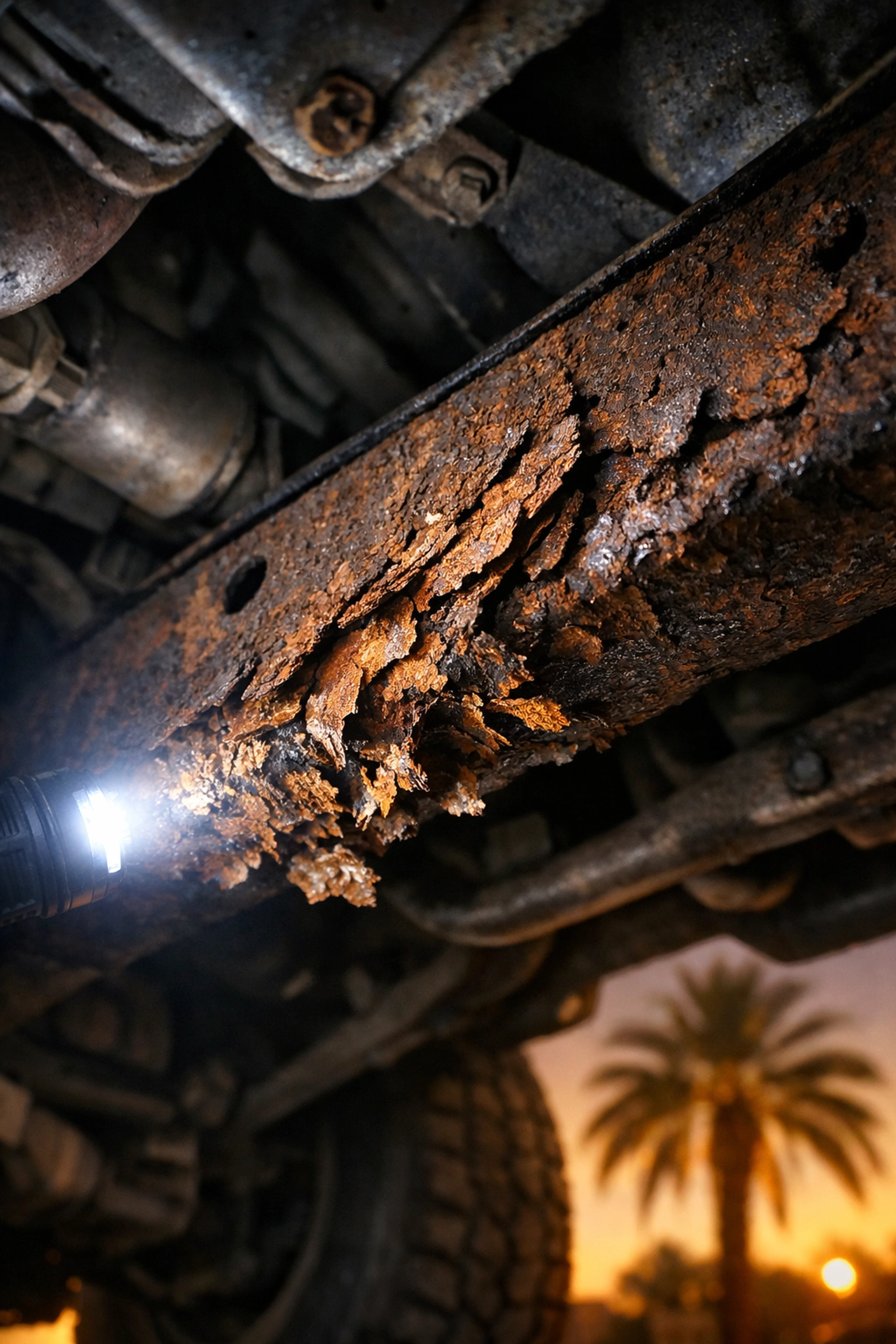 A flashlight highlighting severe undercarriage rust on a used car during an inspection in Phoenix.