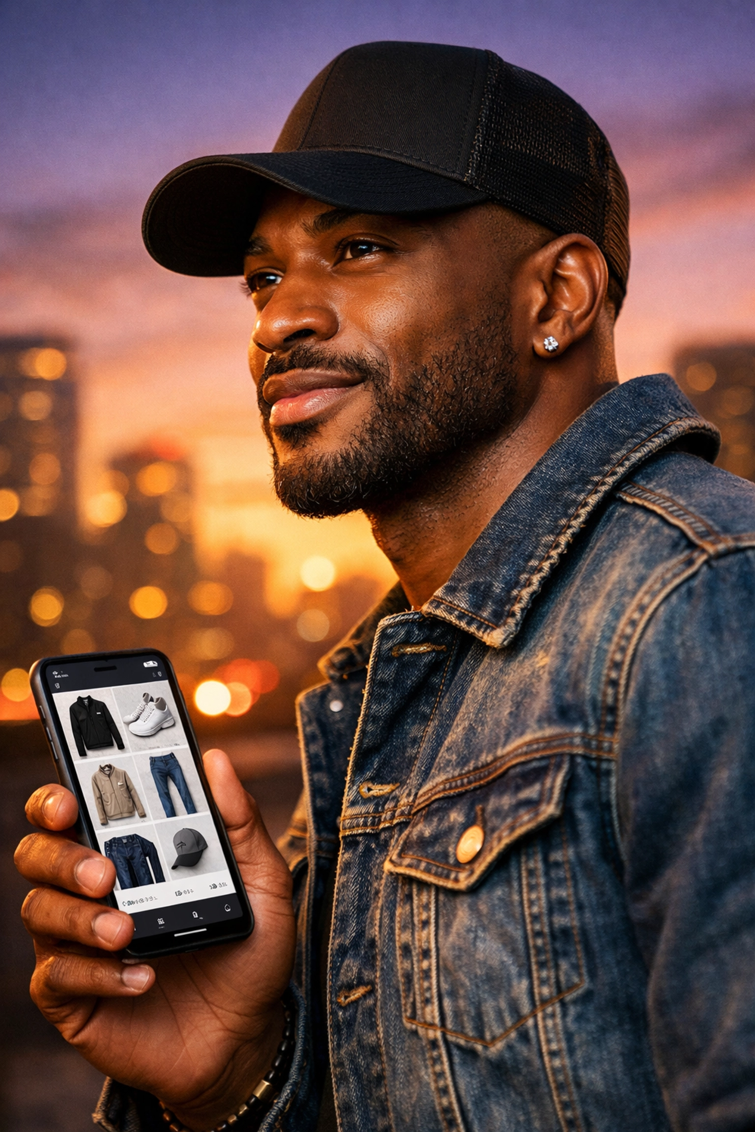 The Ultimate Guide to Modern Black Excellence: How to Shop Black-Owned Brands with Purpose A stylish man browsing Black-owned brands on his phone, supporting the Buyblack movement.