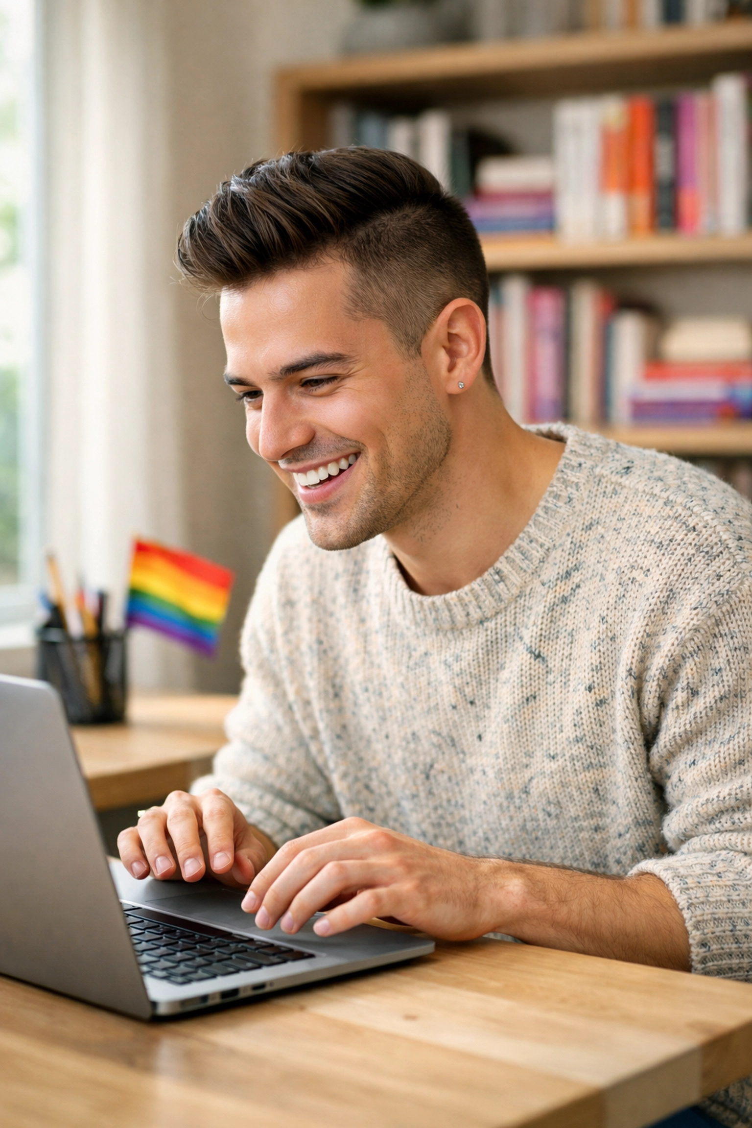 A gay author submitting his vendor application on a laptop in a cozy home office filled with books.