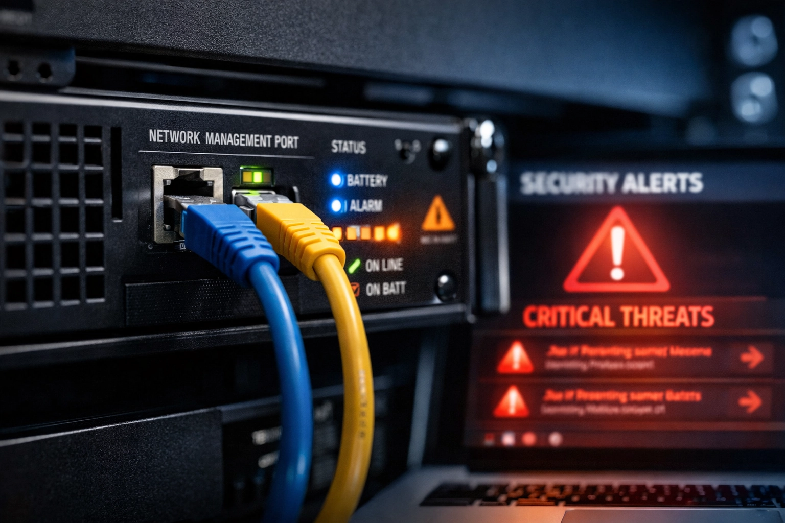 Network-connected UPS device in server rack displaying security alerts on monitoring dashboard