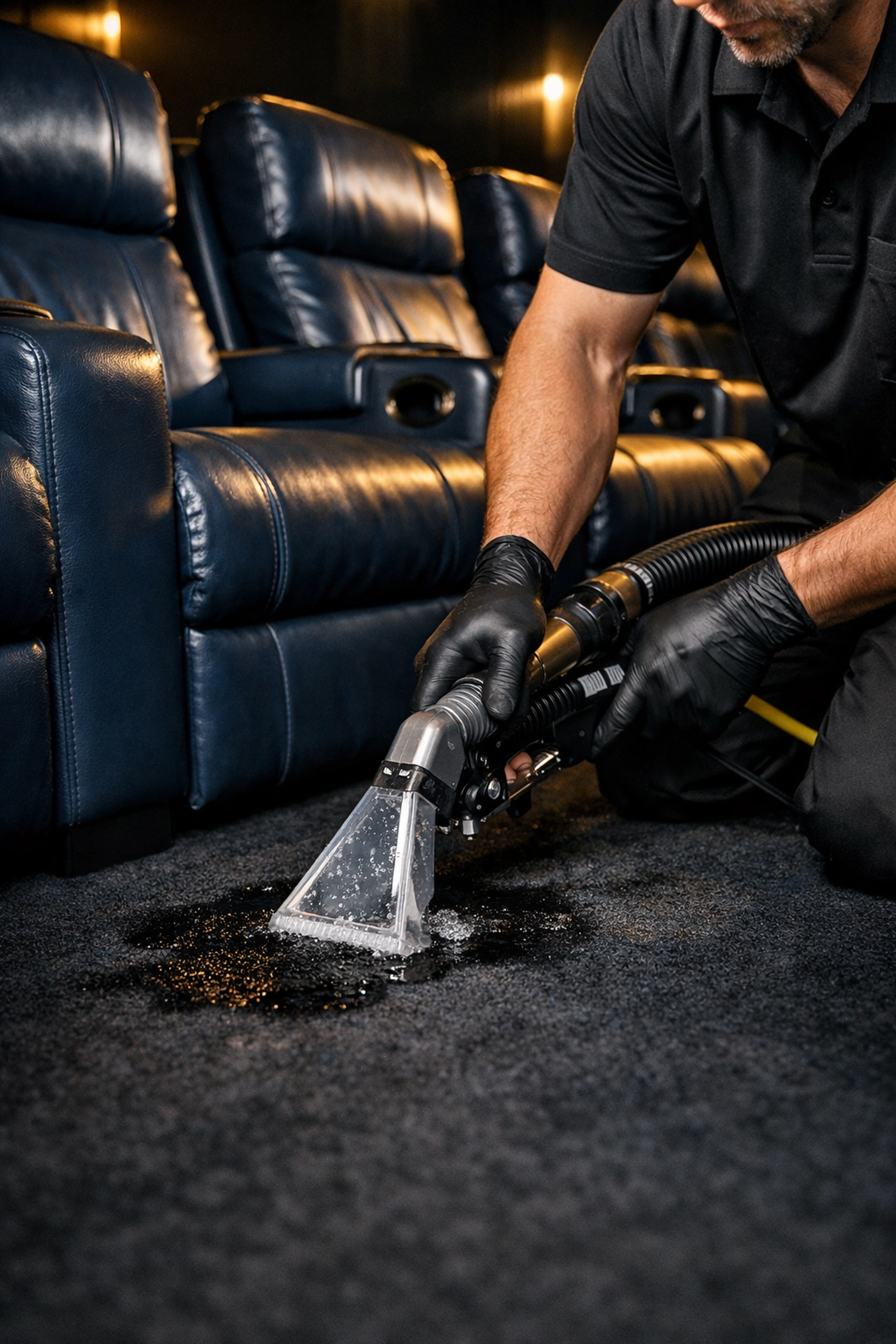 Professional technician removing a liquid spill from a luxury cinema carpet aisle.