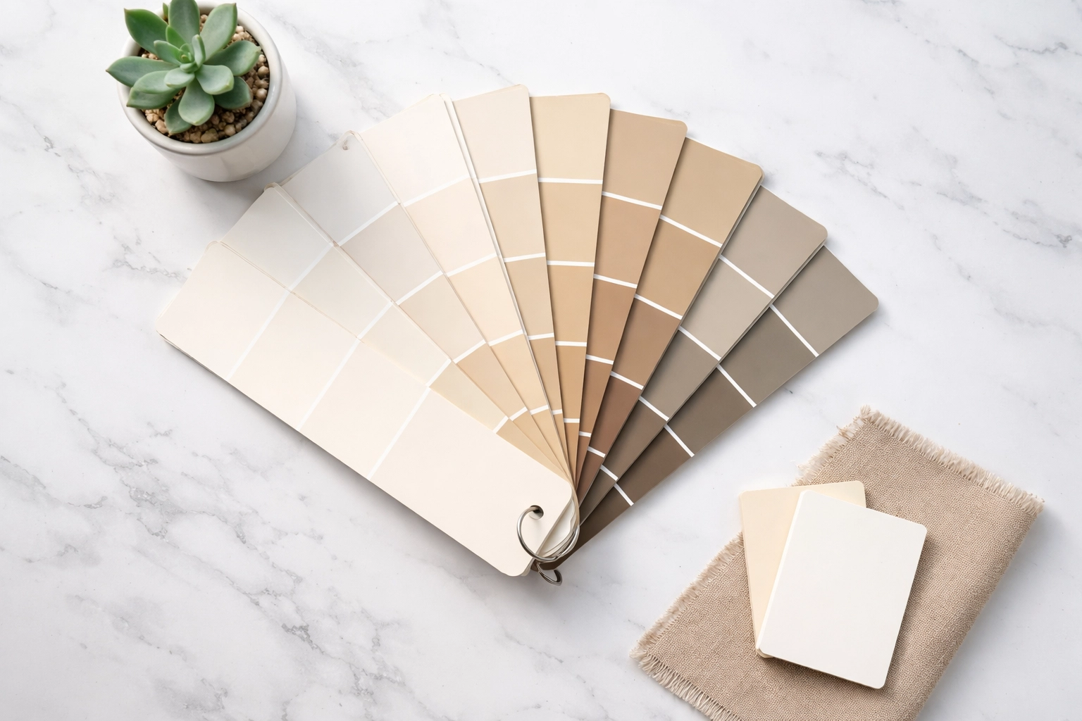Paint color swatches of trending warm neutrals, including beige, taupe, and greige, on a marble surface for Atlanta interiors.