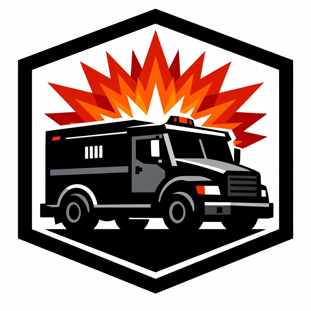 Specialist transport vehicle with a Class 1 explosives icon for ADR training modules.