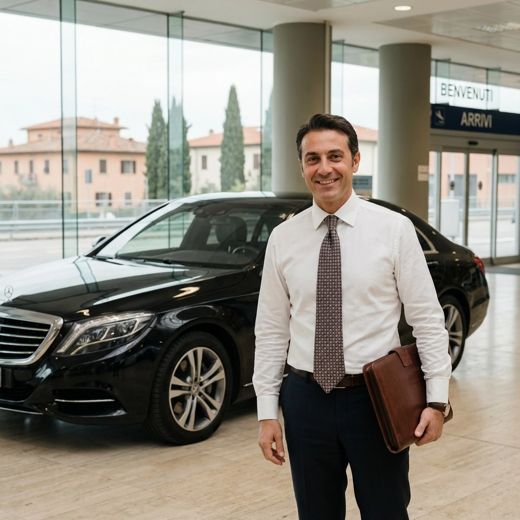 Professional Italian driver greeting a traveler at the airport, highlighting seamless luxury Italy travel