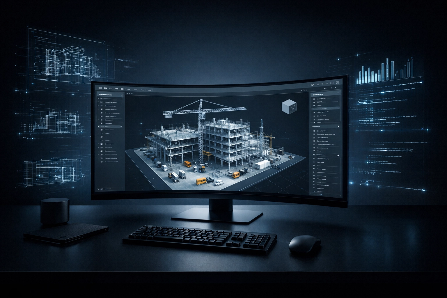 Digital twin model of a construction project being analyzed in high-end CAD software for BIM integration.