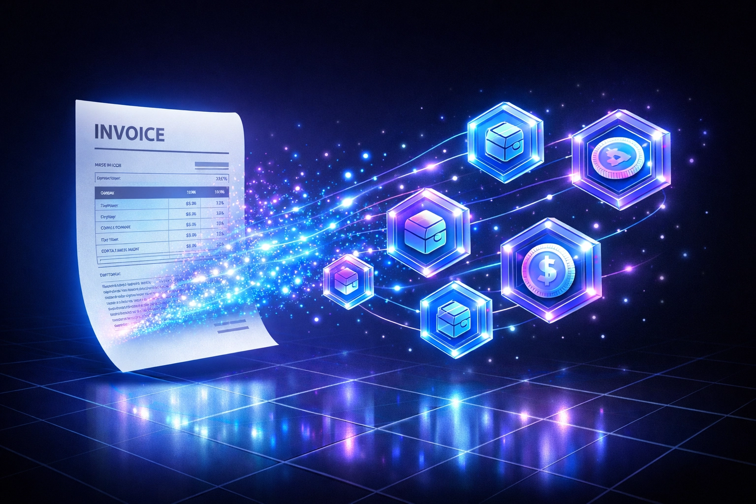 Digital invoice converting into blockchain receivables tokens with glowing particles
