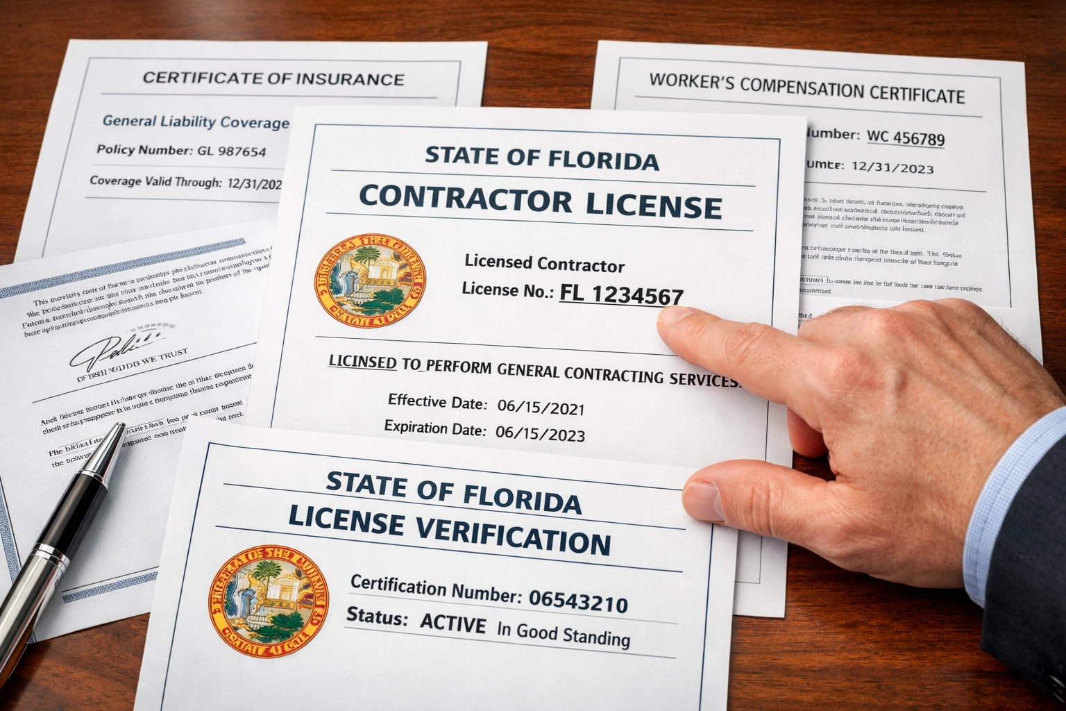 Florida contractor licensing documents and insurance certificates for verification