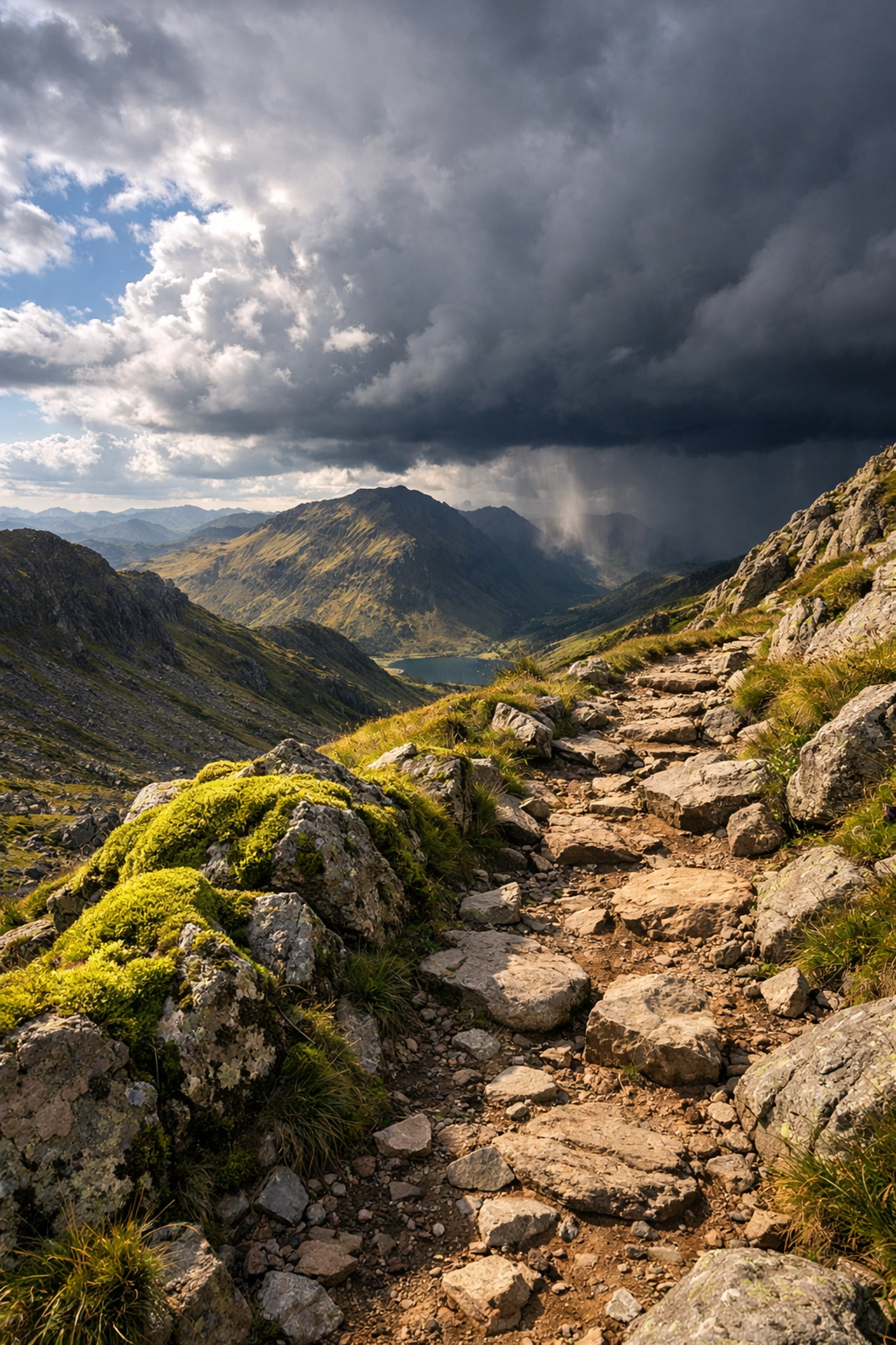 Challenging Lake District mountain path with changing weather conditions
