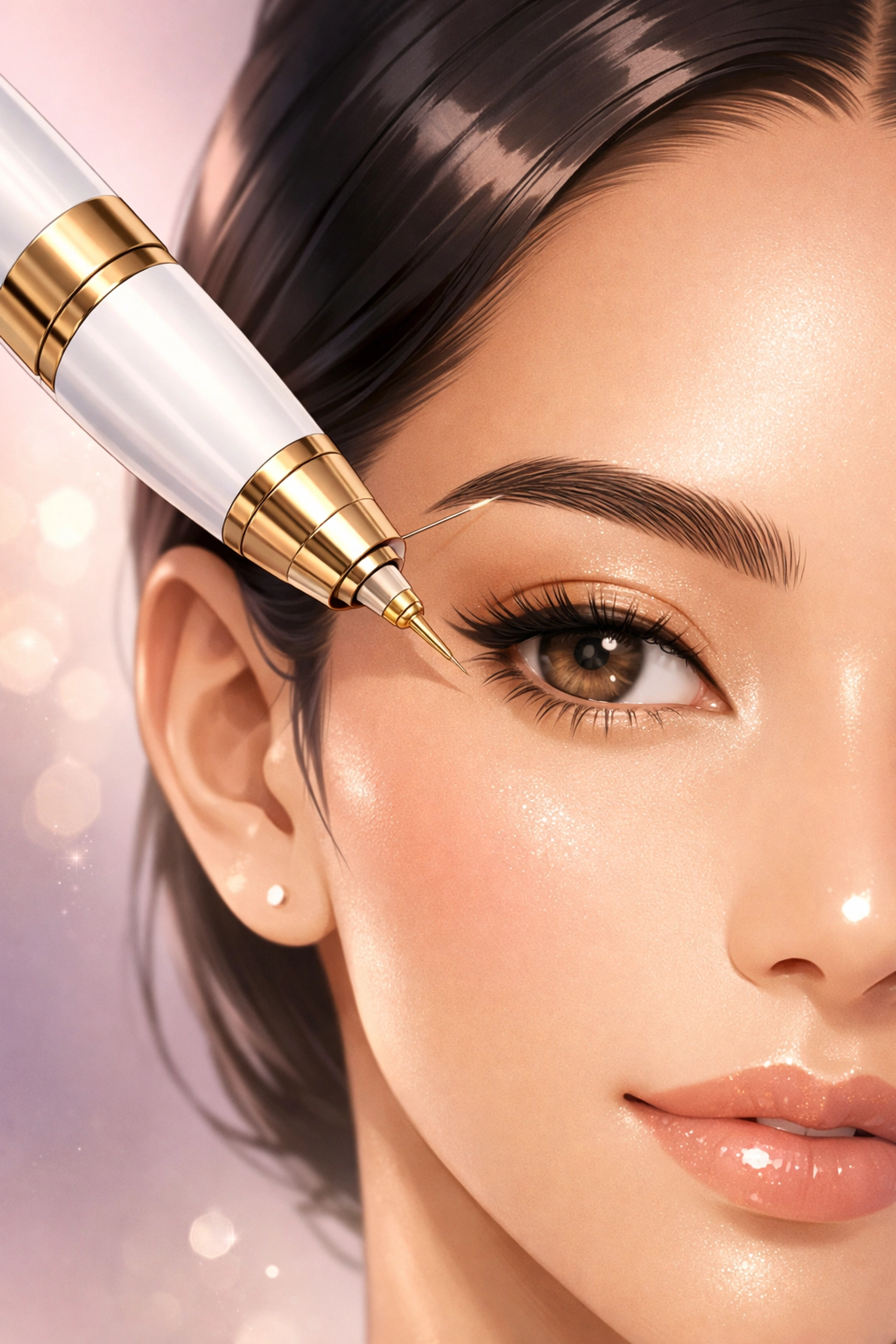 Nano machine brow technology creating hyper-realistic hair strokes for durable, waterproof permanent makeup results.