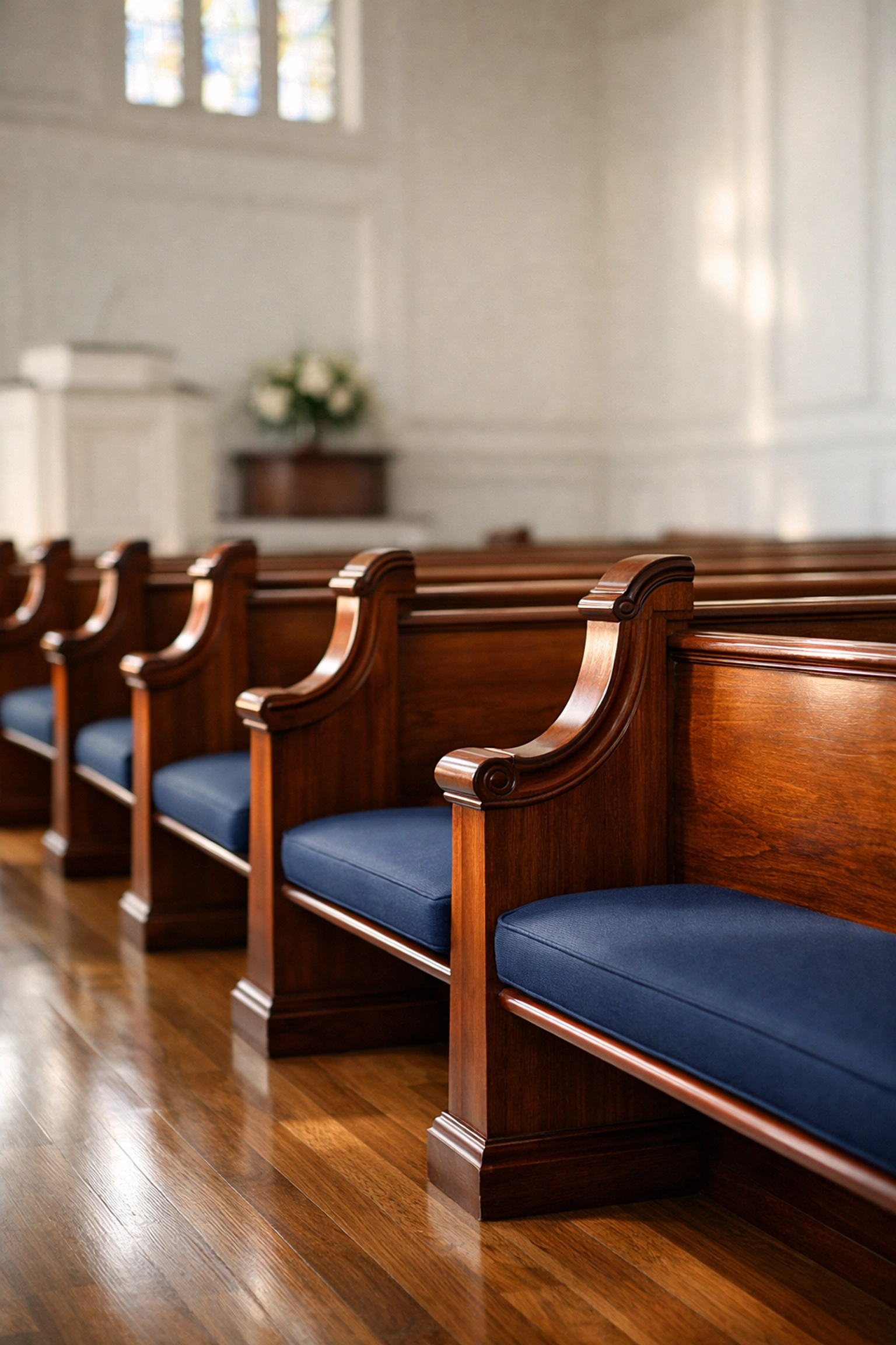 Polished wooden pews in a clean Weymouth church sanctuary, highlighting professional religious facility maintenance.