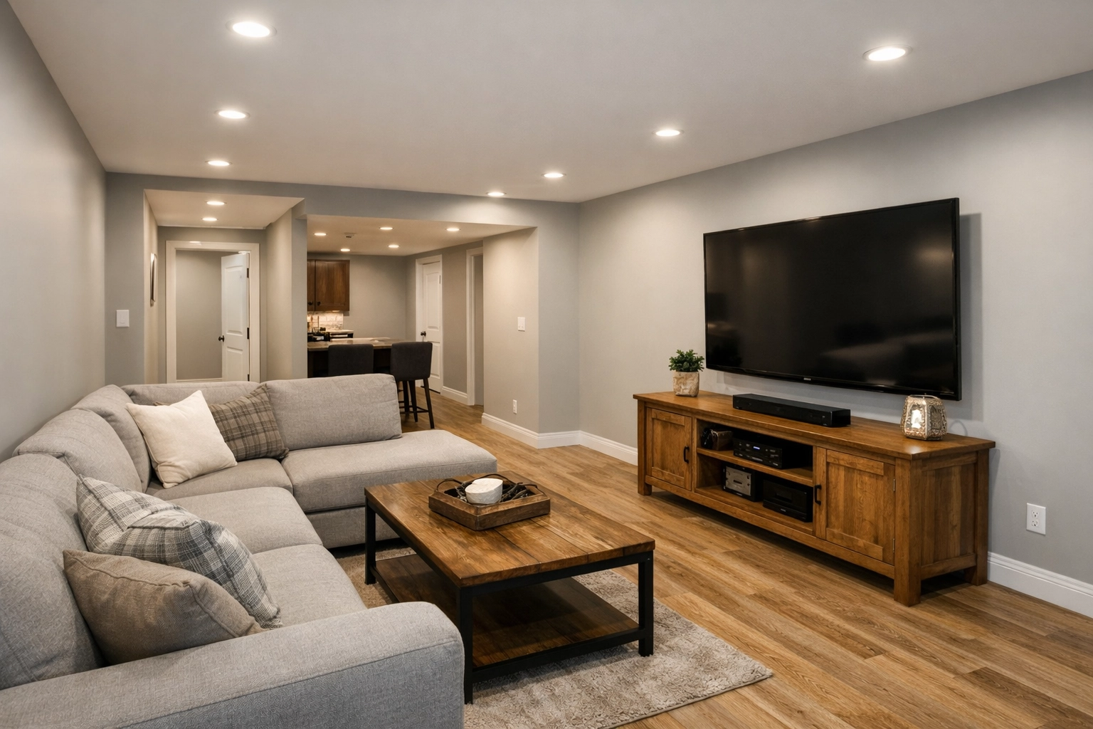 Finished basement living space Red Deer with rec room showing added square footage and lighting