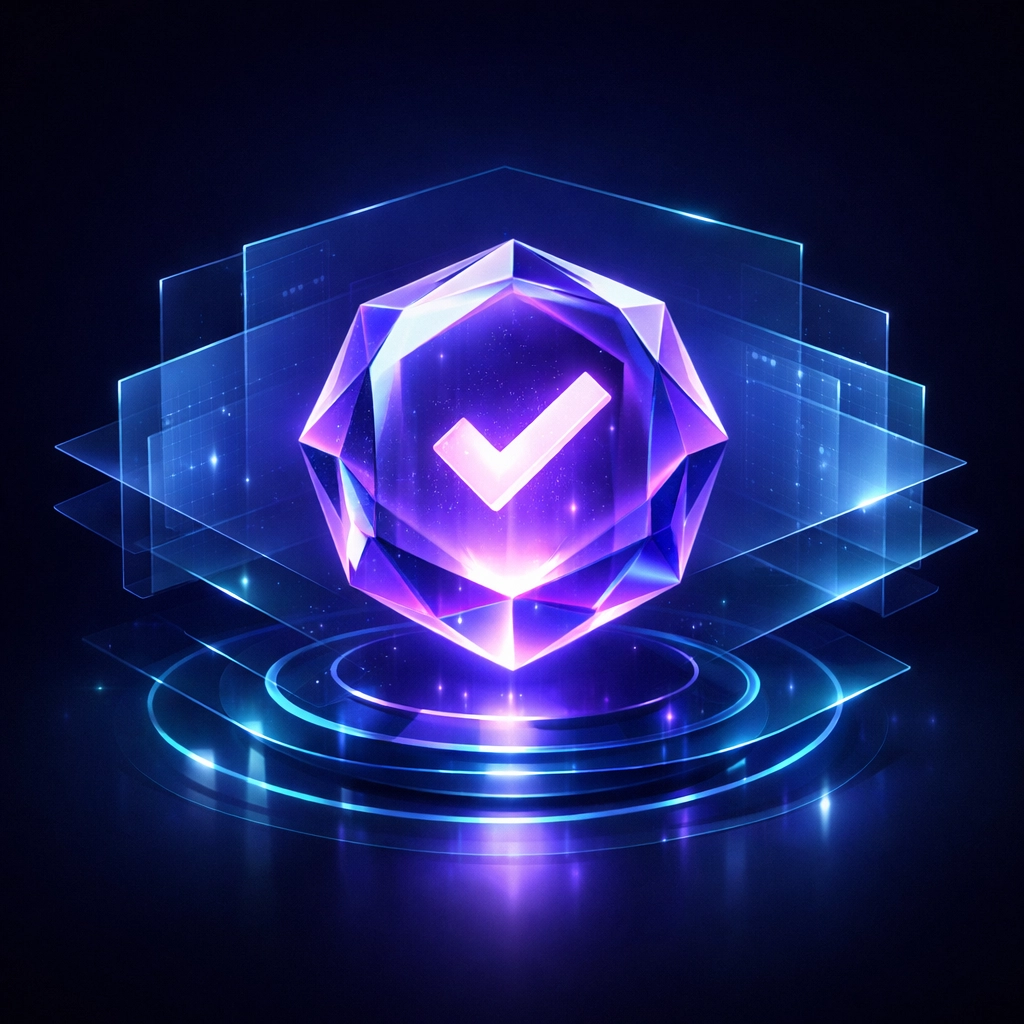 A glowing digital seal of authority, symbolizing trust and E-E-A-T principles in AI-based SEO.