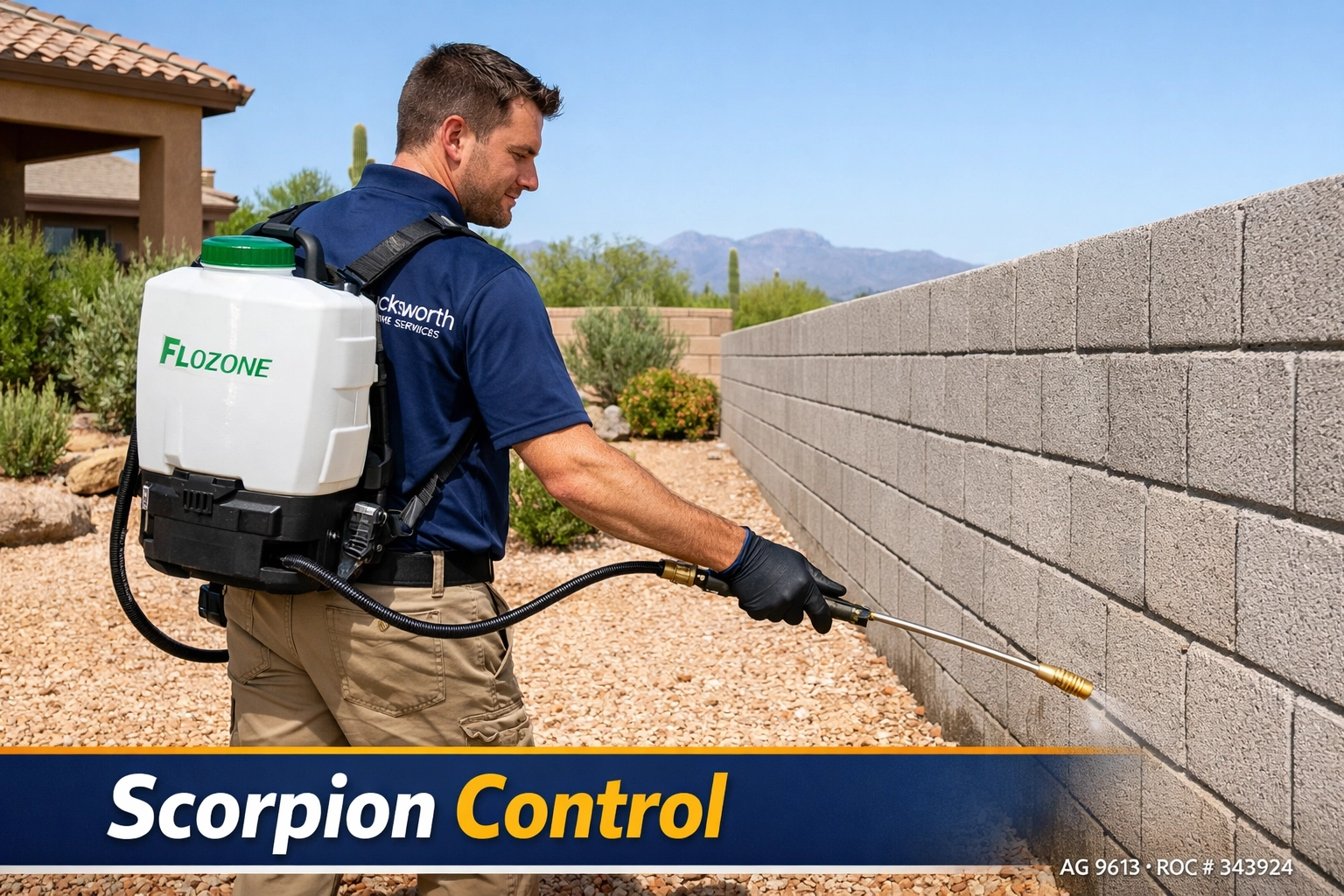 Bucksworth technician performing expert scorpion control on a residential block wall in Tucson, Arizona.