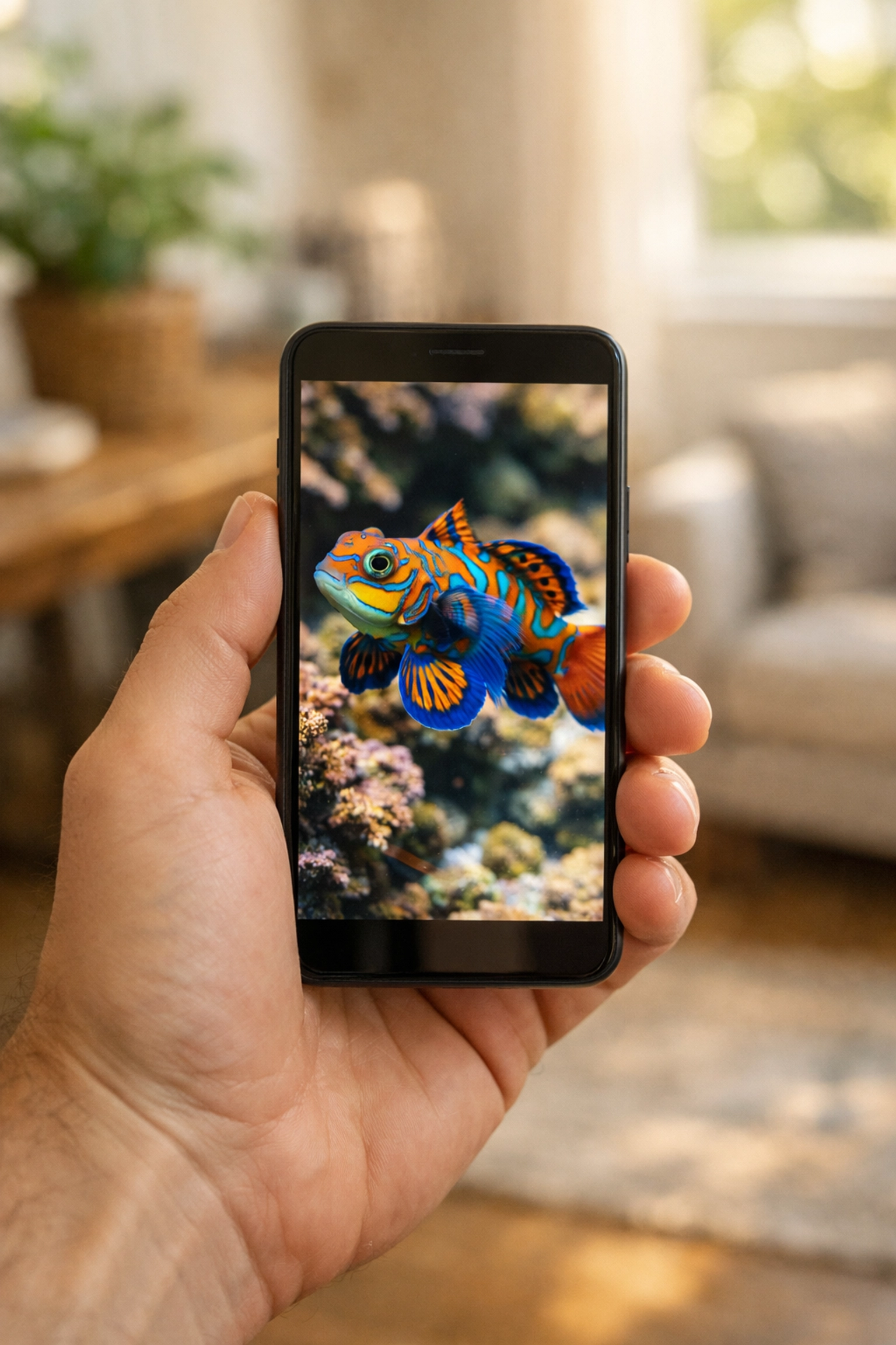 A smartphone screen displaying a vibrant tropical fish as part of a daily aquarium marketing campaign.