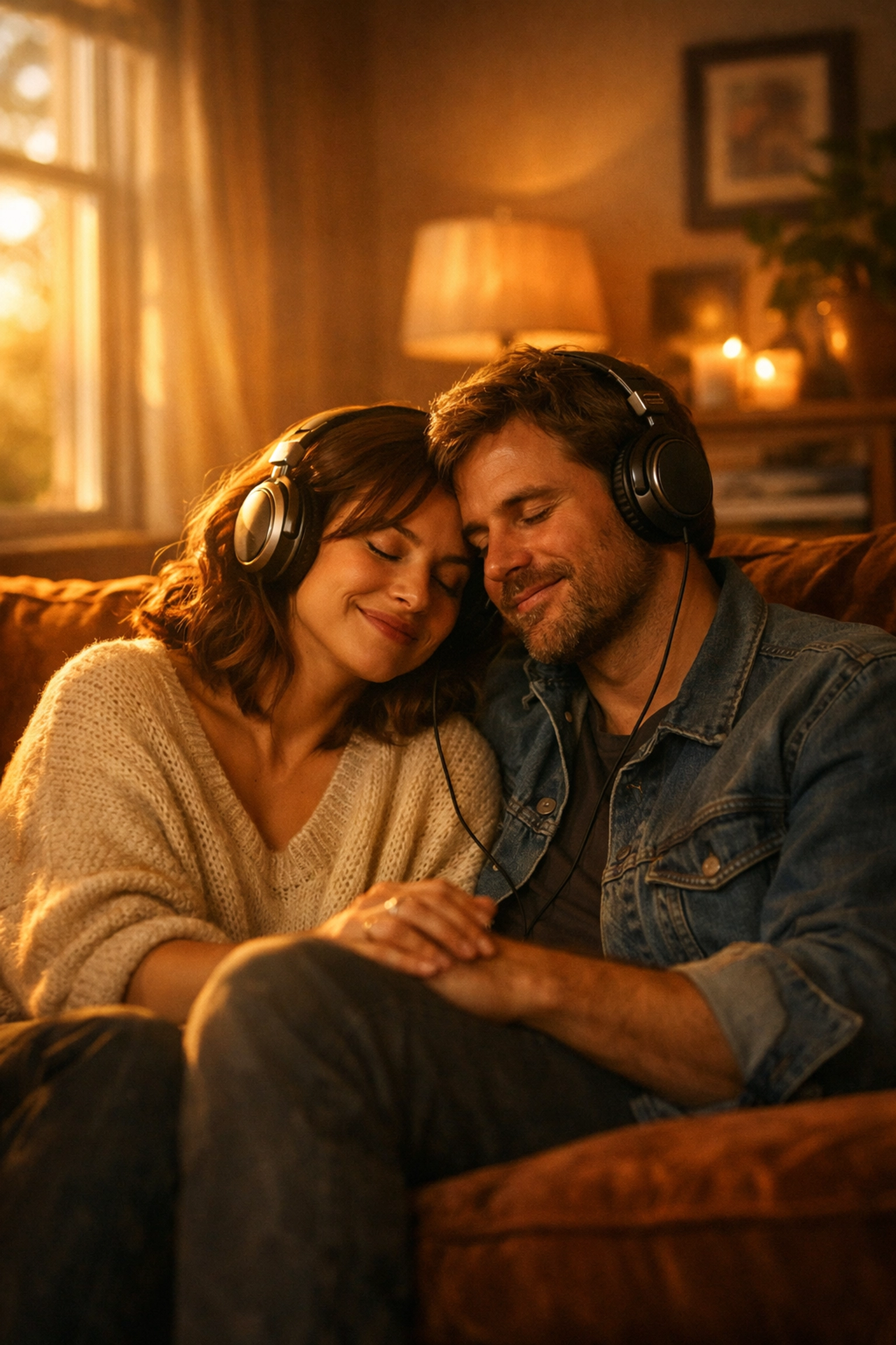 A happy couple sharing headphones to listen to their personalized anniversary song in a cozy home.
