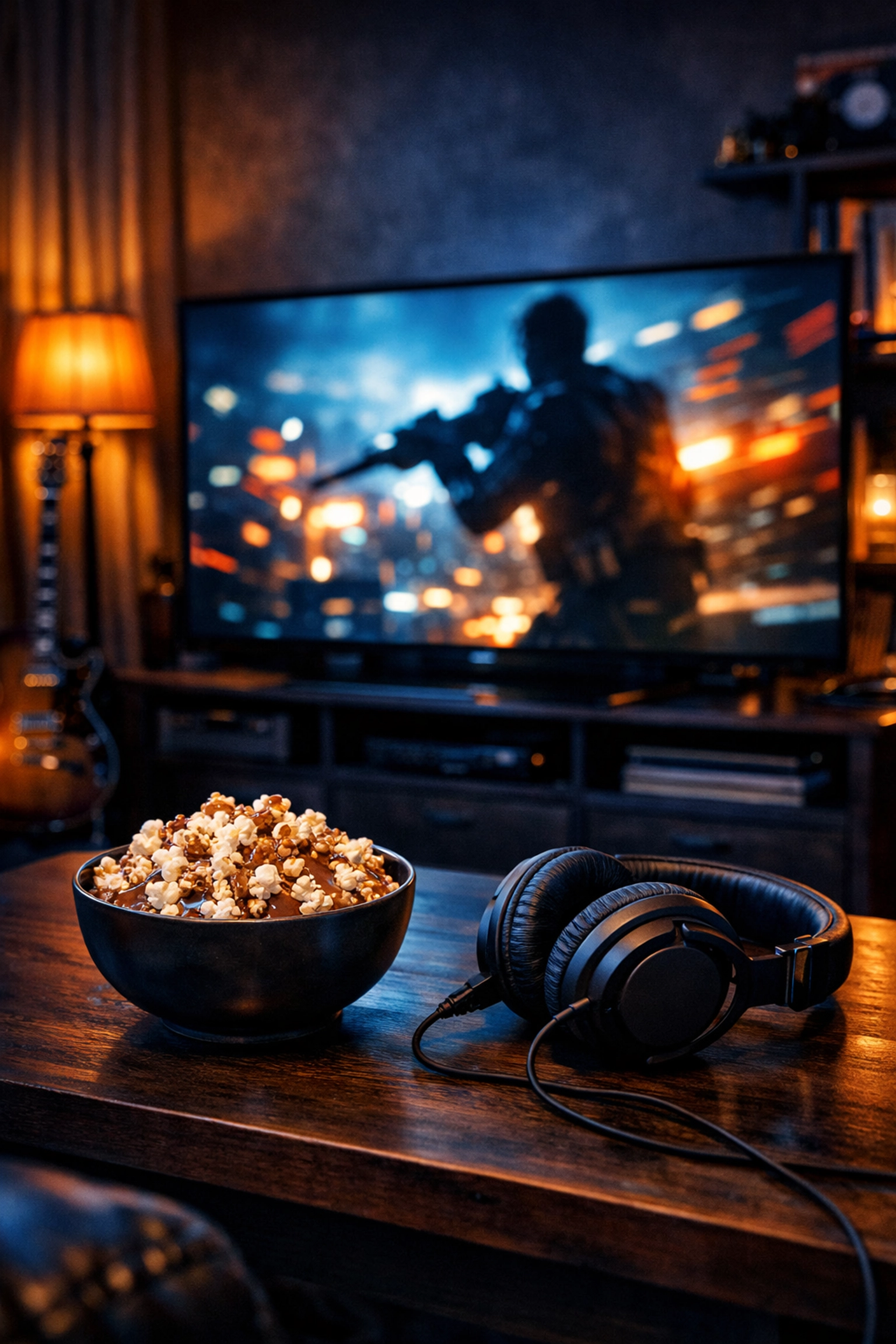 A modern home cinema setup with a glowing TV and popcorn, perfect for streaming new TV premieres.