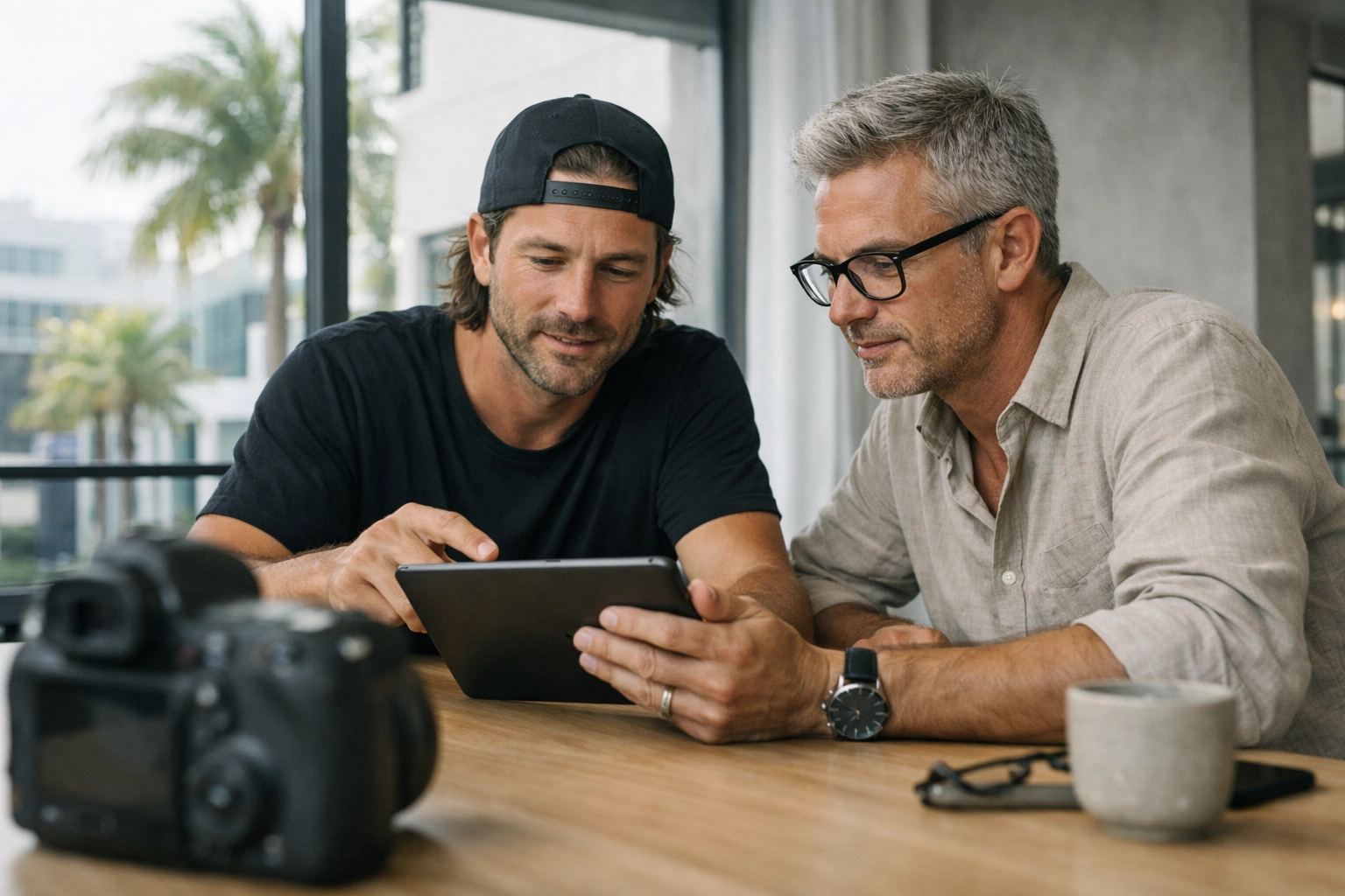 Photographer meeting a creative director in a Miami studio to discuss jobs for photographers.